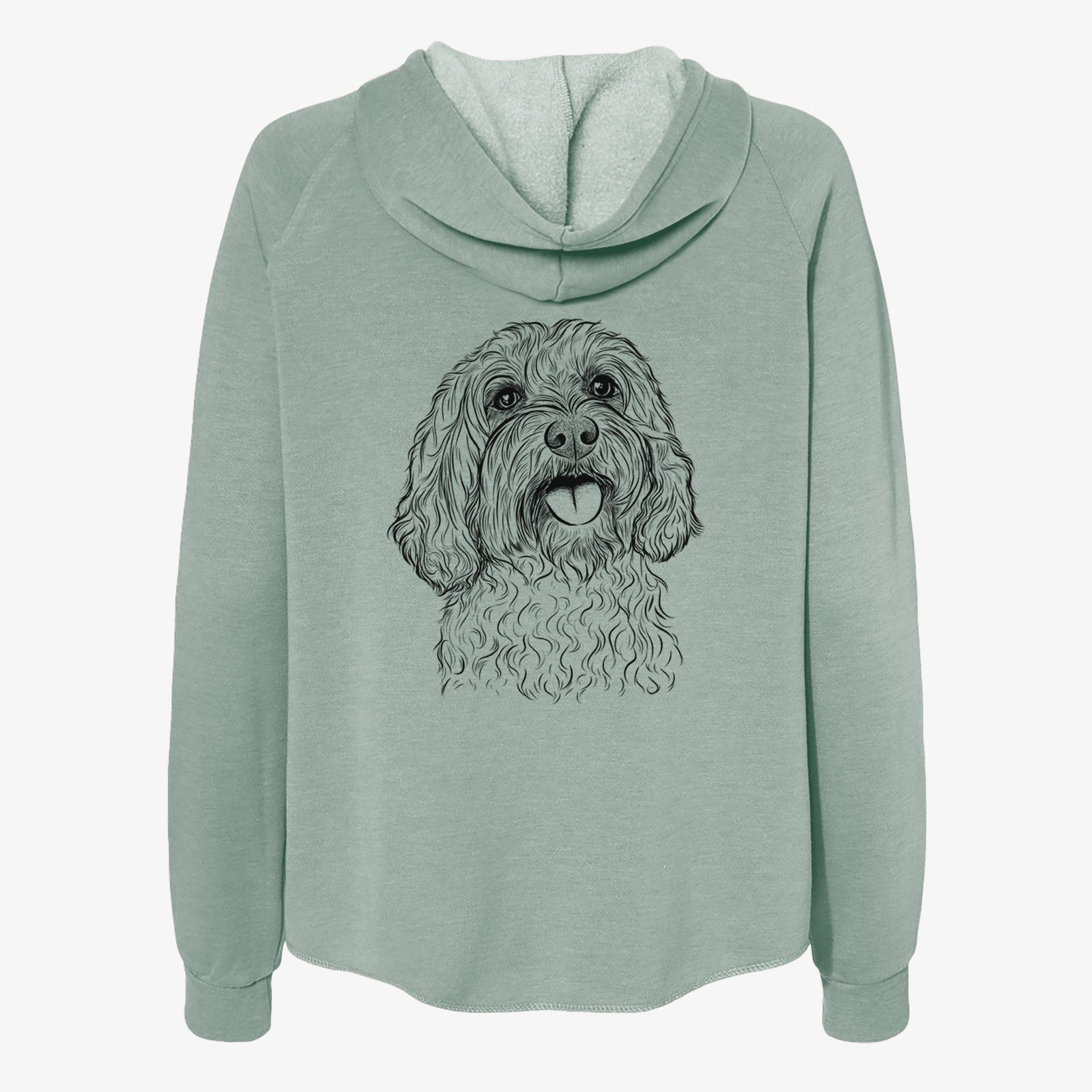 Hand-drawn sketch of Cali the Cavapoo on a Sage Women's cali wave zip-up sweatshirt