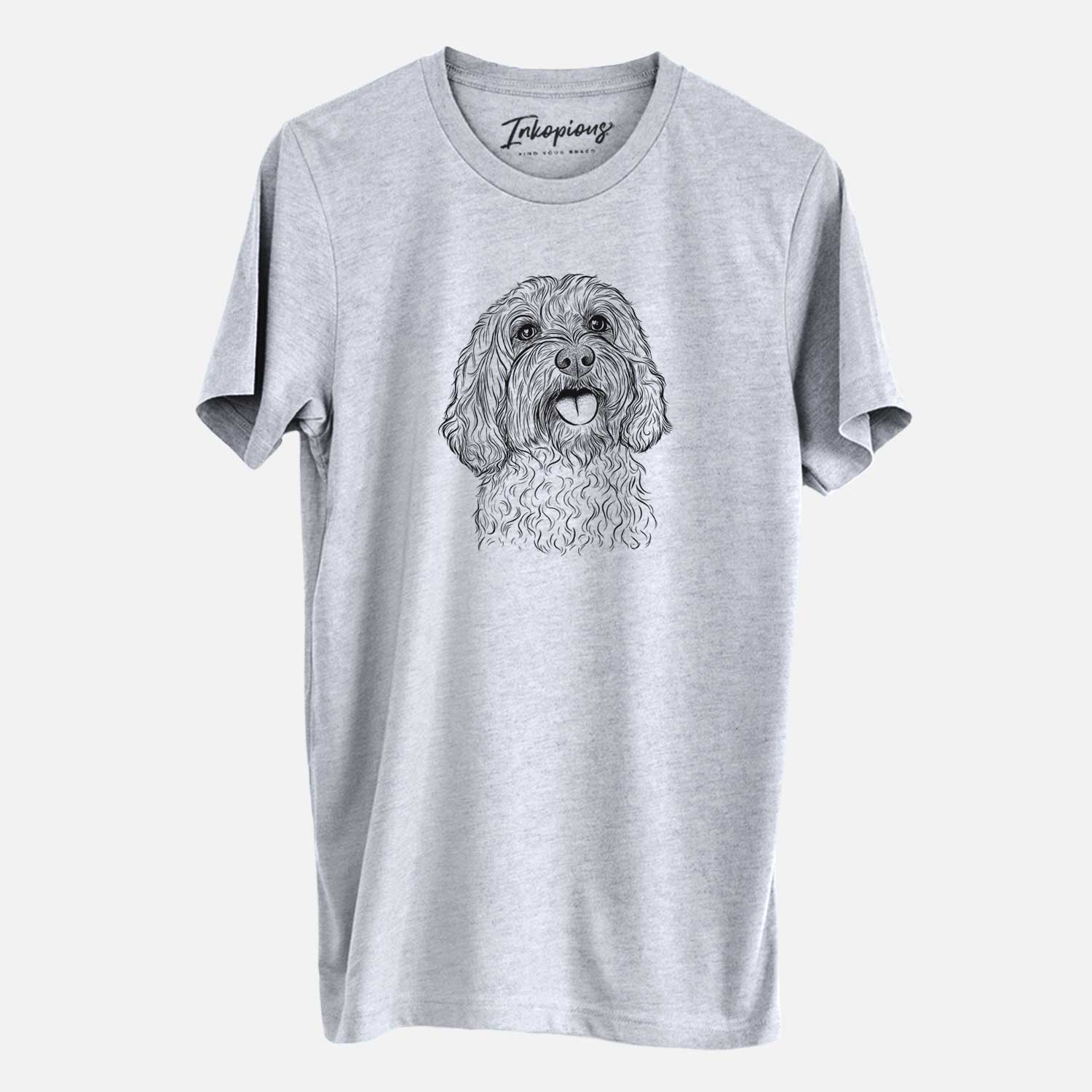 Hand-drawn sketch of Cali the Cavapoo on a Grey Unisex crewneck