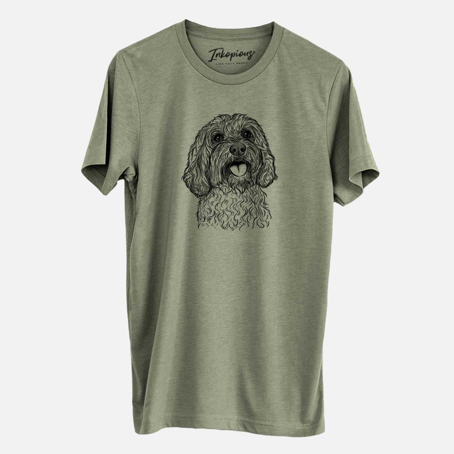 Hand-drawn sketch of Cali the Cavapoo on an Olive Unisex crewneck