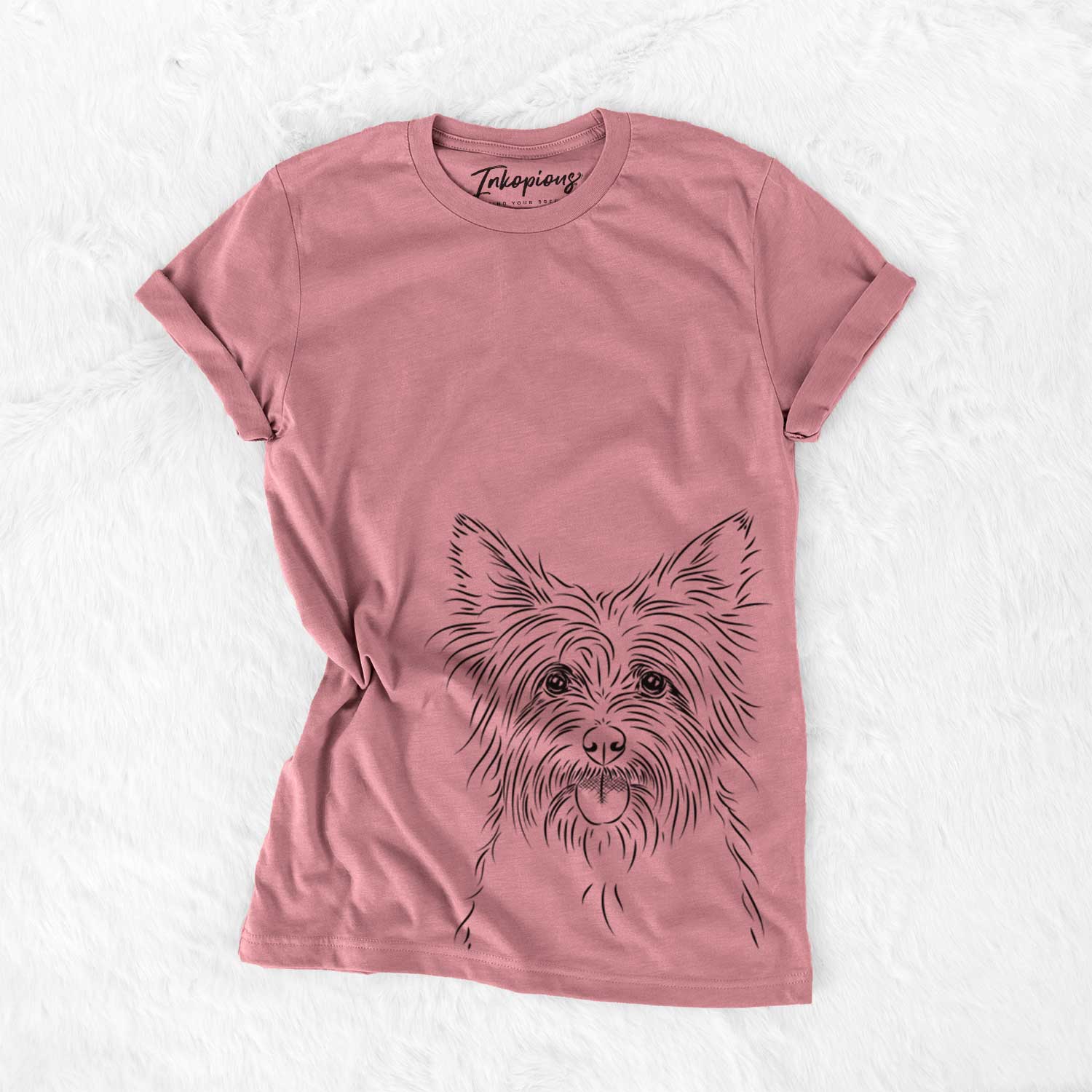 Hand-drawn sketch of Calum the Cairn Terrier on a Mauve Unisex crewneck