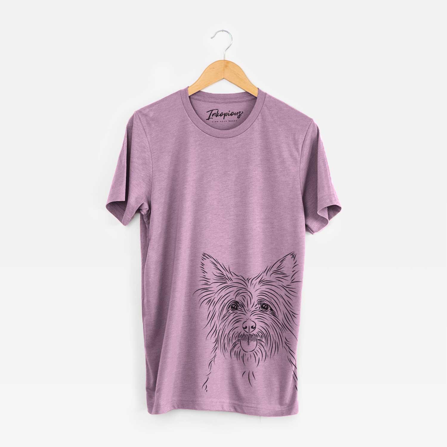 Hand-drawn sketch of Calum the Cairn Terrier on an Orchid Unisex crewneck