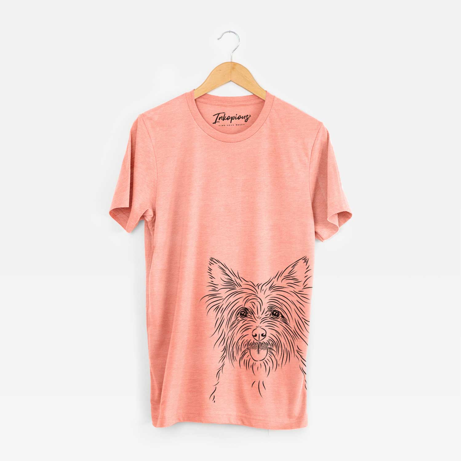 Hand-drawn sketch of Calum the Cairn Terrier on a Sunset Bella Canvas Unisex Crewneck