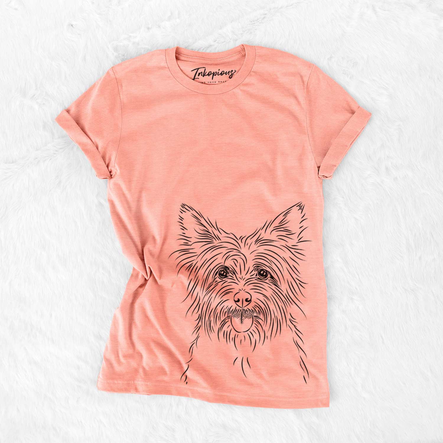 Hand-drawn sketch of Calum the Cairn Terrier on a Sunset Bella Canvas Unisex Crewneck
