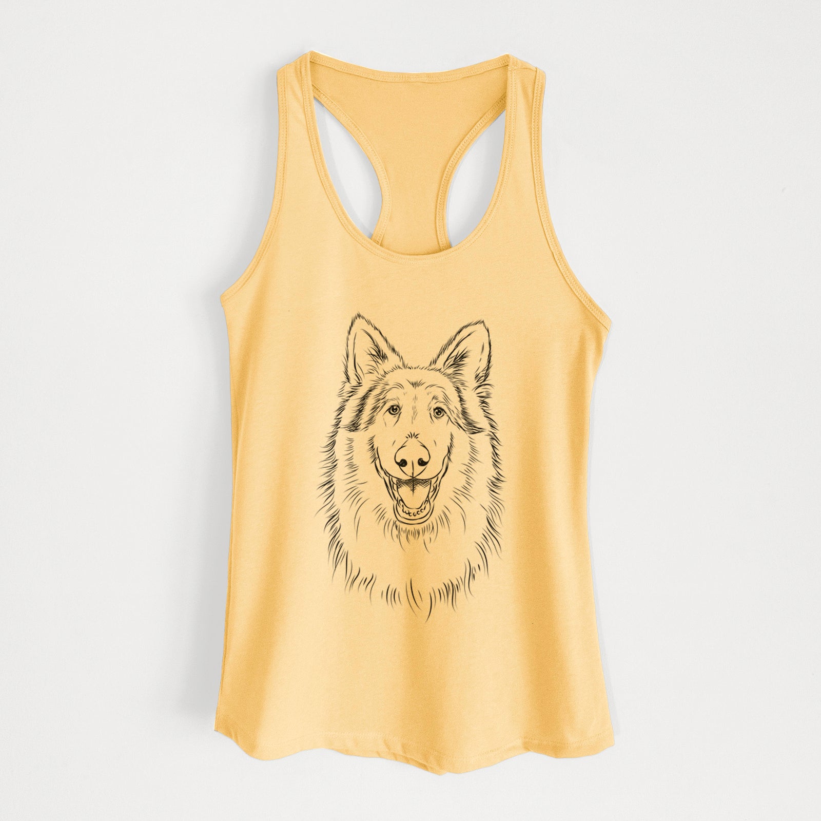 Hand-drawn sketch of Cannon the Rough Collie on a Banana Cream Women's racerback tanktop