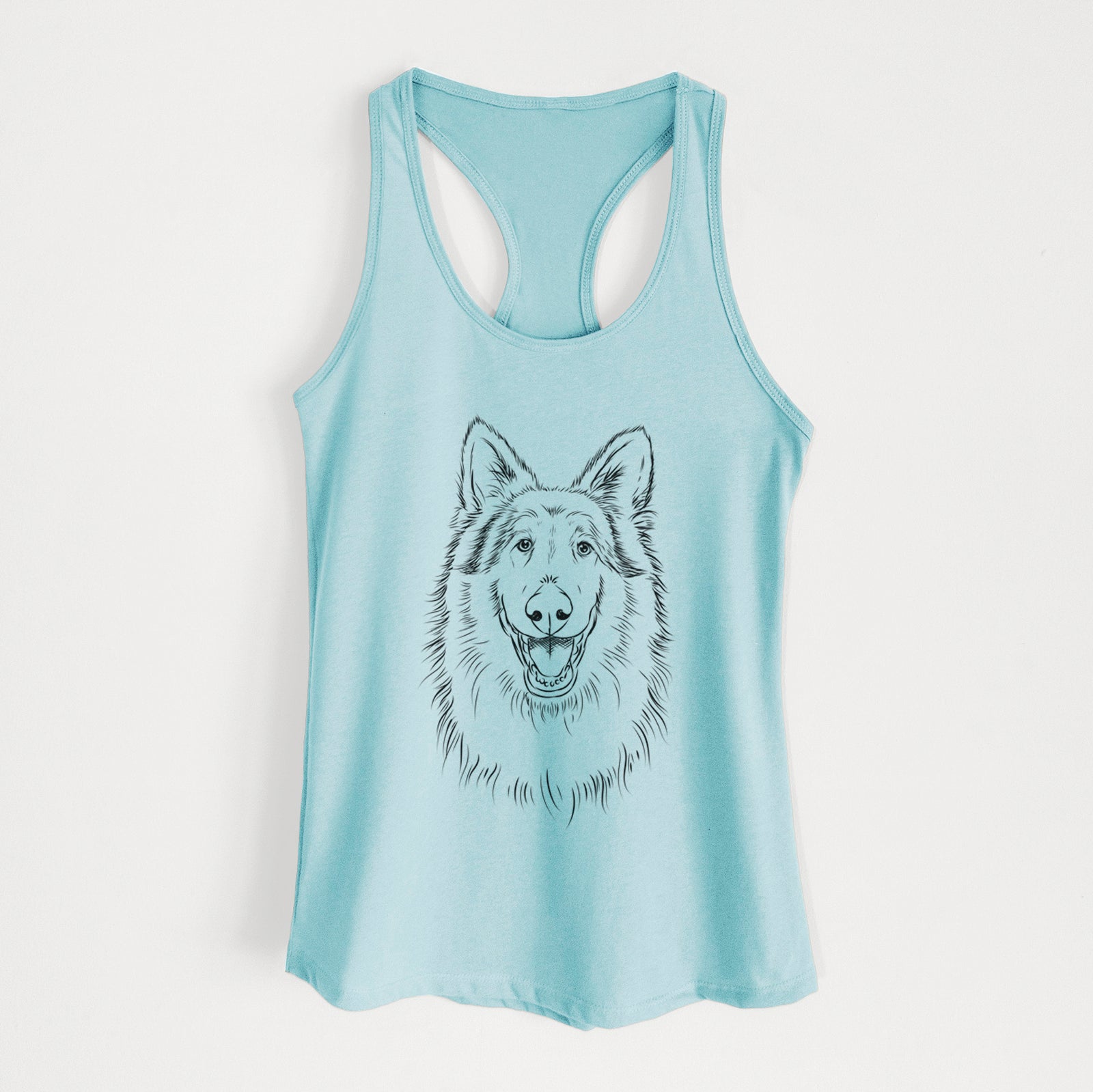 Hand-drawn sketch of Cannon the Rough Collie on a Cancun Blue Women's racerback tanktop