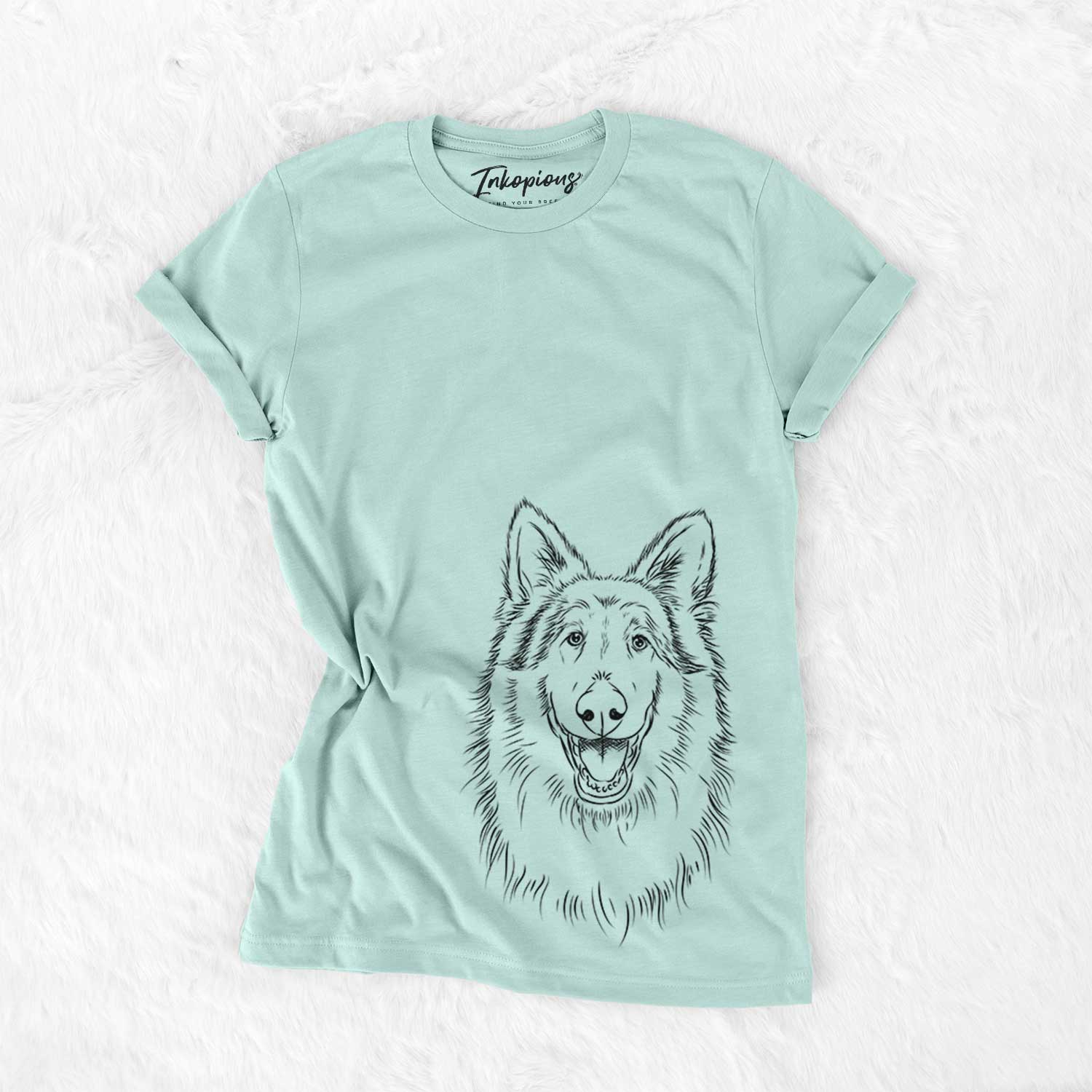 Hand-drawn sketch of Cannon the Rough Collie on a Heather Sage Bella Canvas Unisex Crewneck