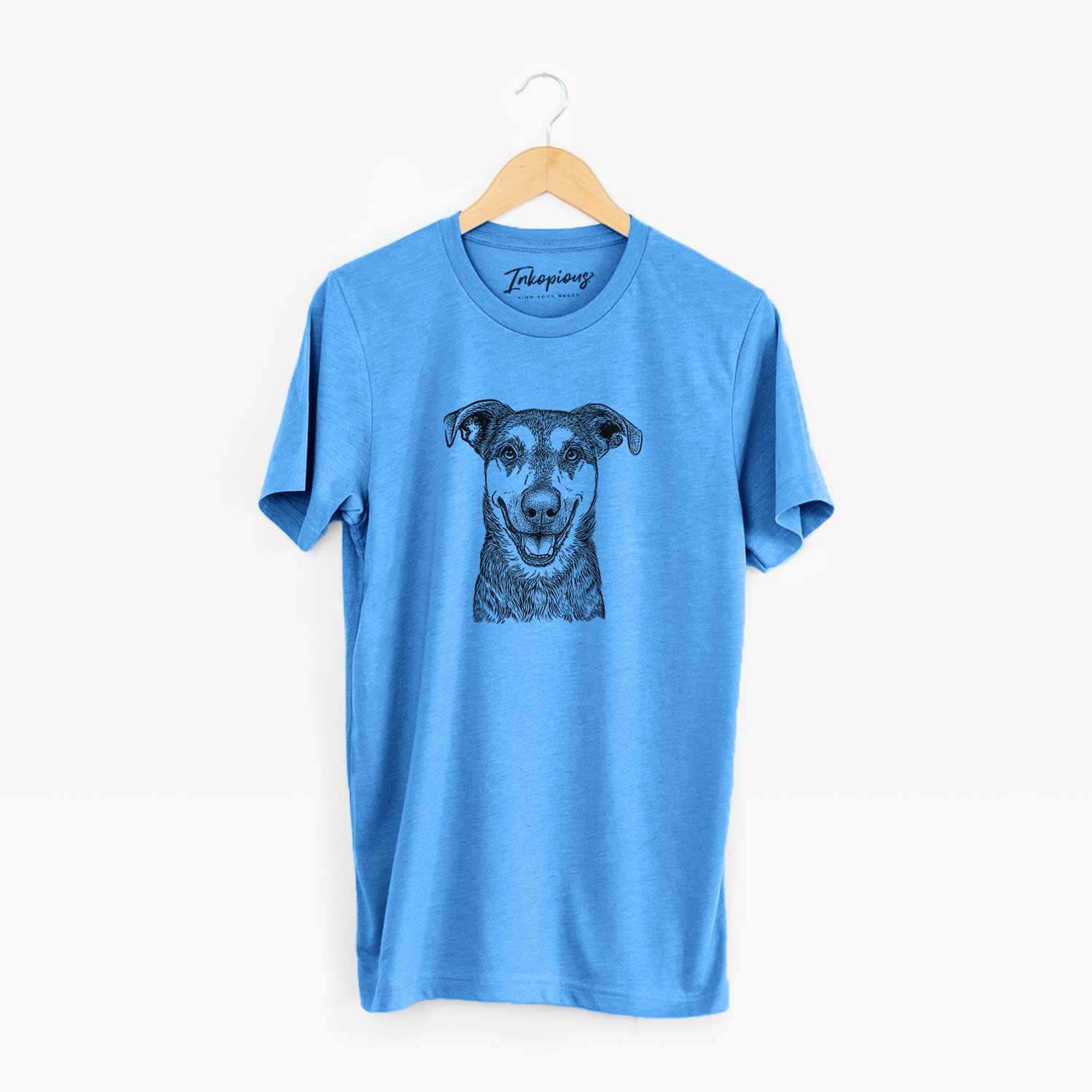 Hand-drawn sketch of Case the Mixed Breed on a Blue Unisex crewneck