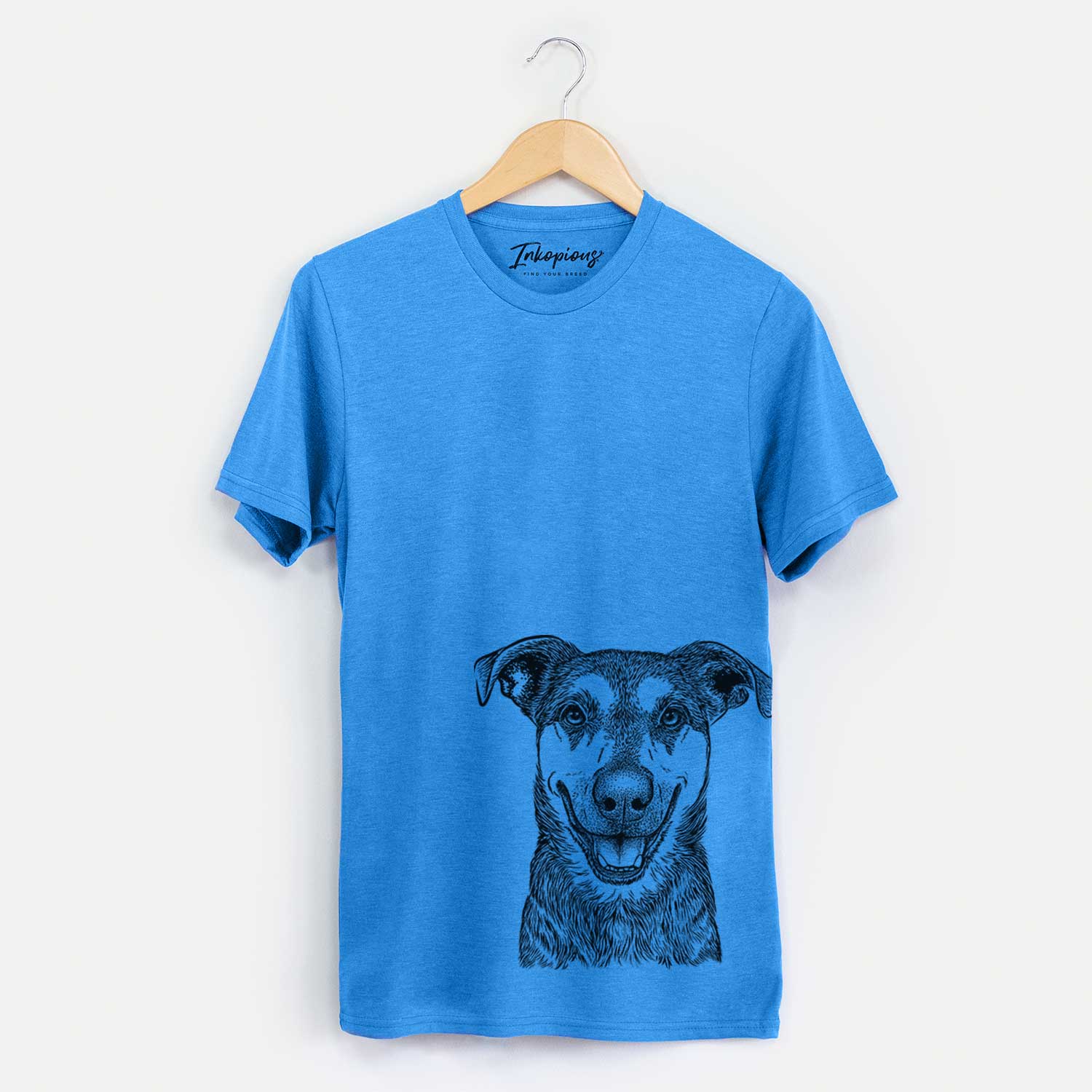 Hand-drawn sketch of Case the Mixed Breed on a Blue Unisex crewneck