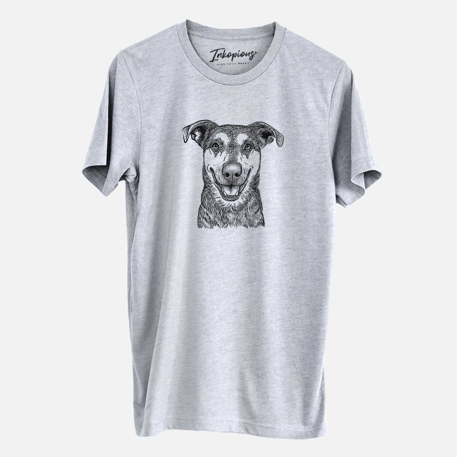 Hand-drawn sketch of Case the Mixed Breed on a Grey Unisex crewneck