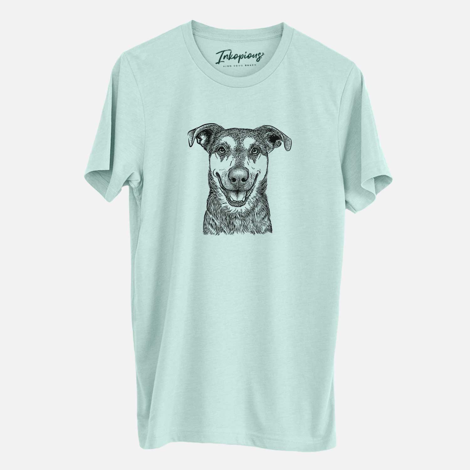 Hand-drawn sketch of Case the Mixed Breed on a Heather Sage Unisex crewneck