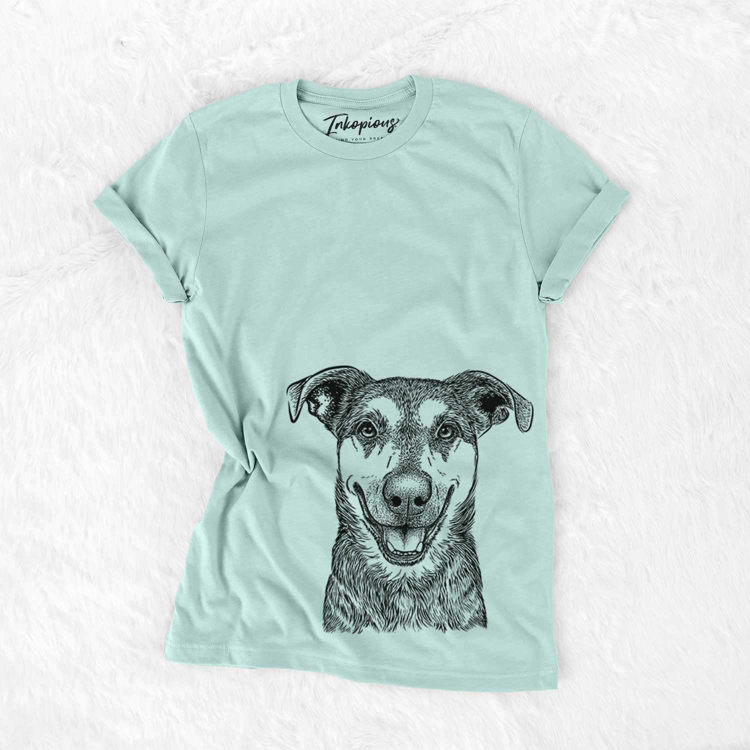 Hand-drawn sketch of Case the Mixed Breed on a Heather Sage Unisex crewneck