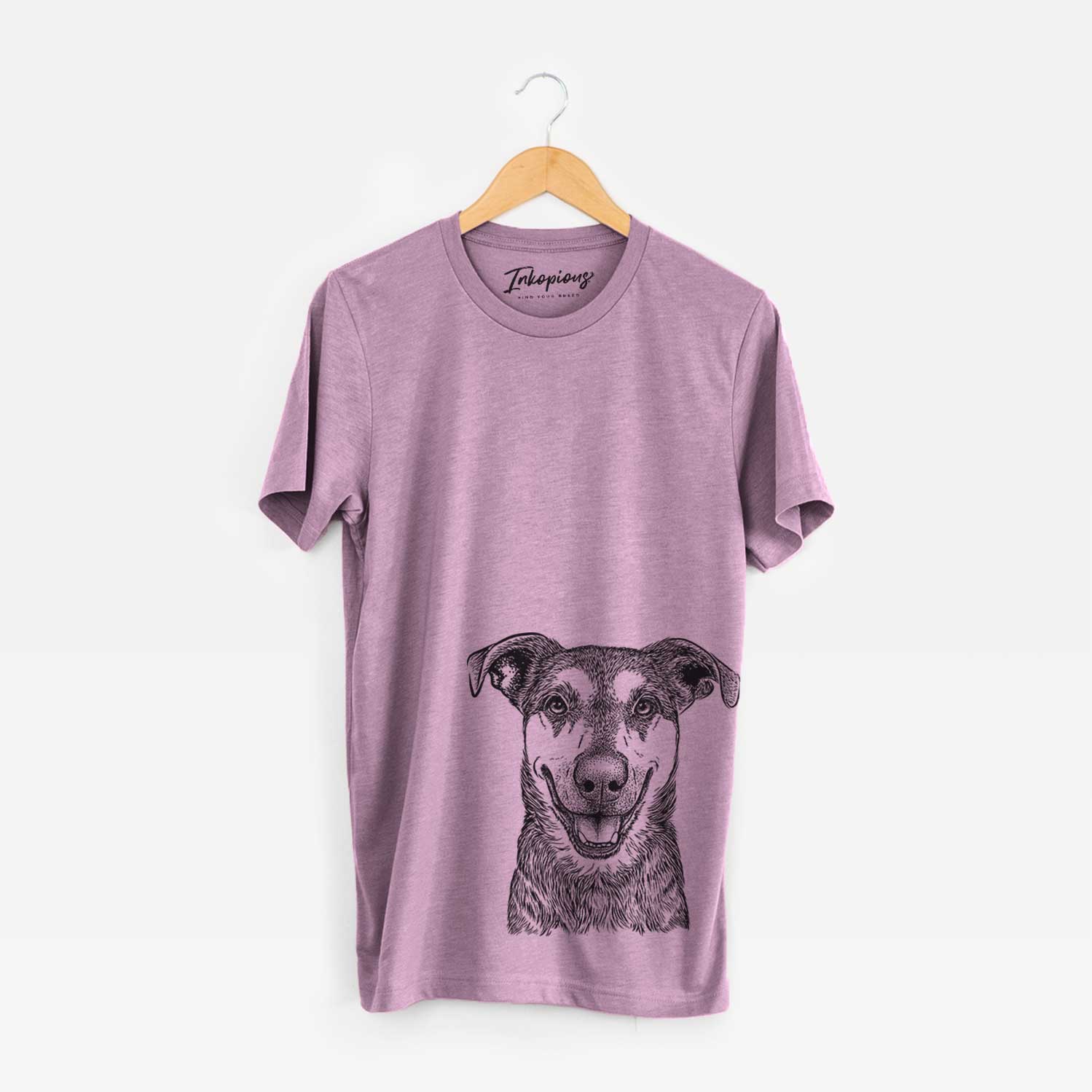 Hand-drawn sketch of Case the Mixed Breed on an Orchid Unisex crewneck