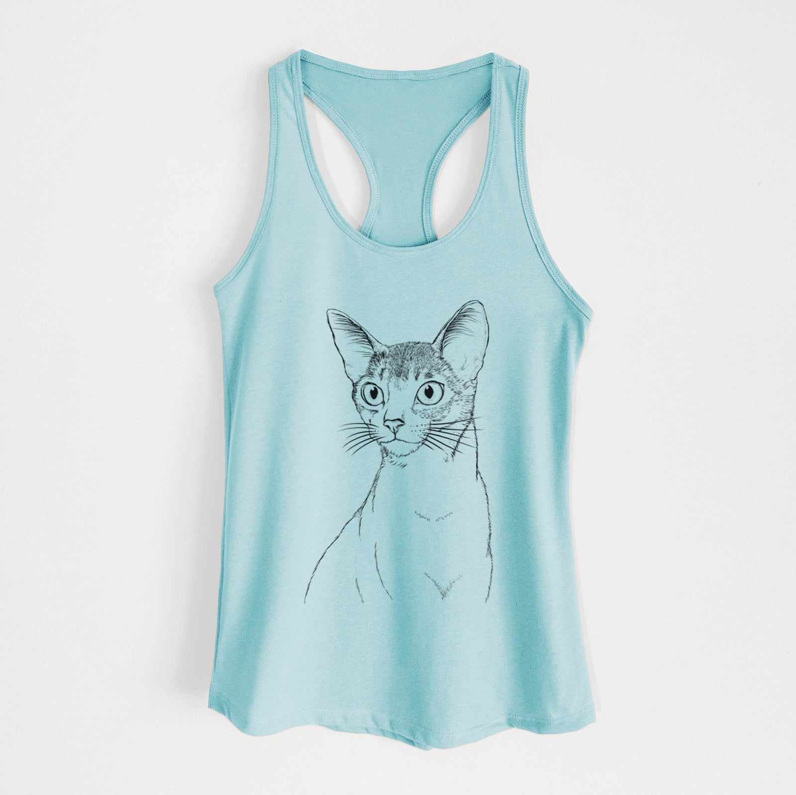Hand-drawn sketch of Cedric the Abyssinian Cat on a Cancun Blue Women's racerback tanktop