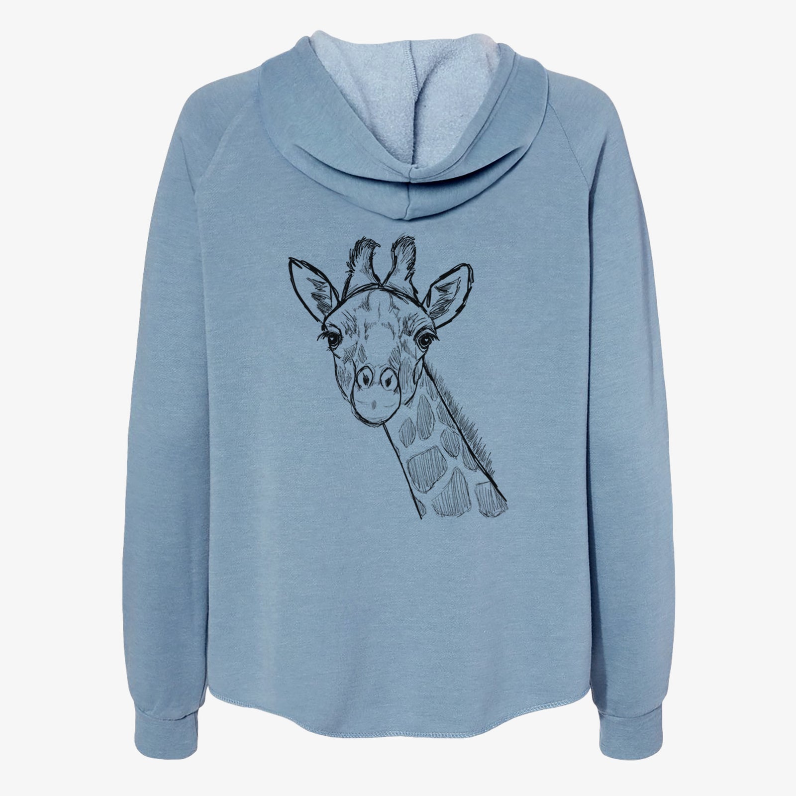 Hand-drawn sketch of Cedrick the Giraffe on a Misty Blue Women's cali wave zip-up sweatshirt