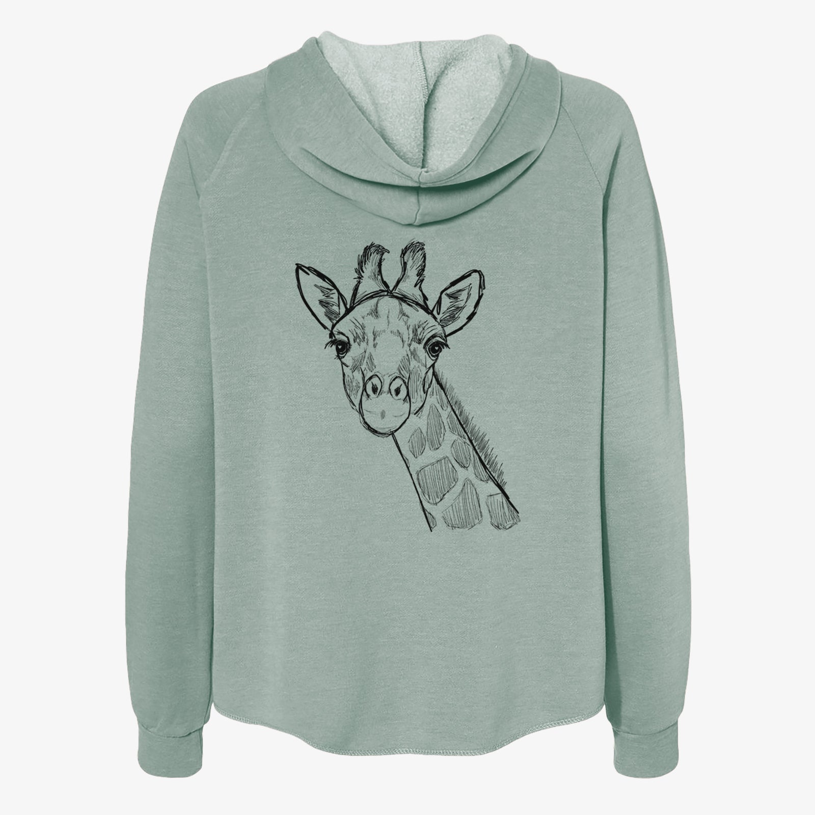Hand-drawn sketch of Cedrick the Giraffe on a Sage Women's cali wave zip-up sweatshirt