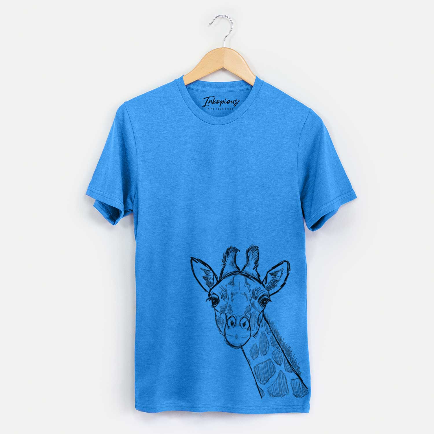 Hand-drawn sketch of Cedrick the Giraffe on a Blue Unisex crewneck
