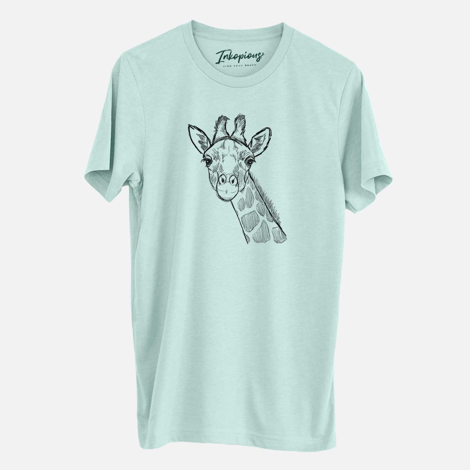 Hand-drawn sketch of Cedrick the Giraffe on a Heather Sage Unisex crewneck