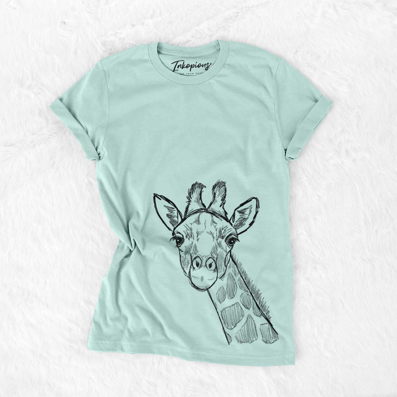 Hand-drawn sketch of Cedrick the Giraffe on a Heather Sage Unisex crewneck