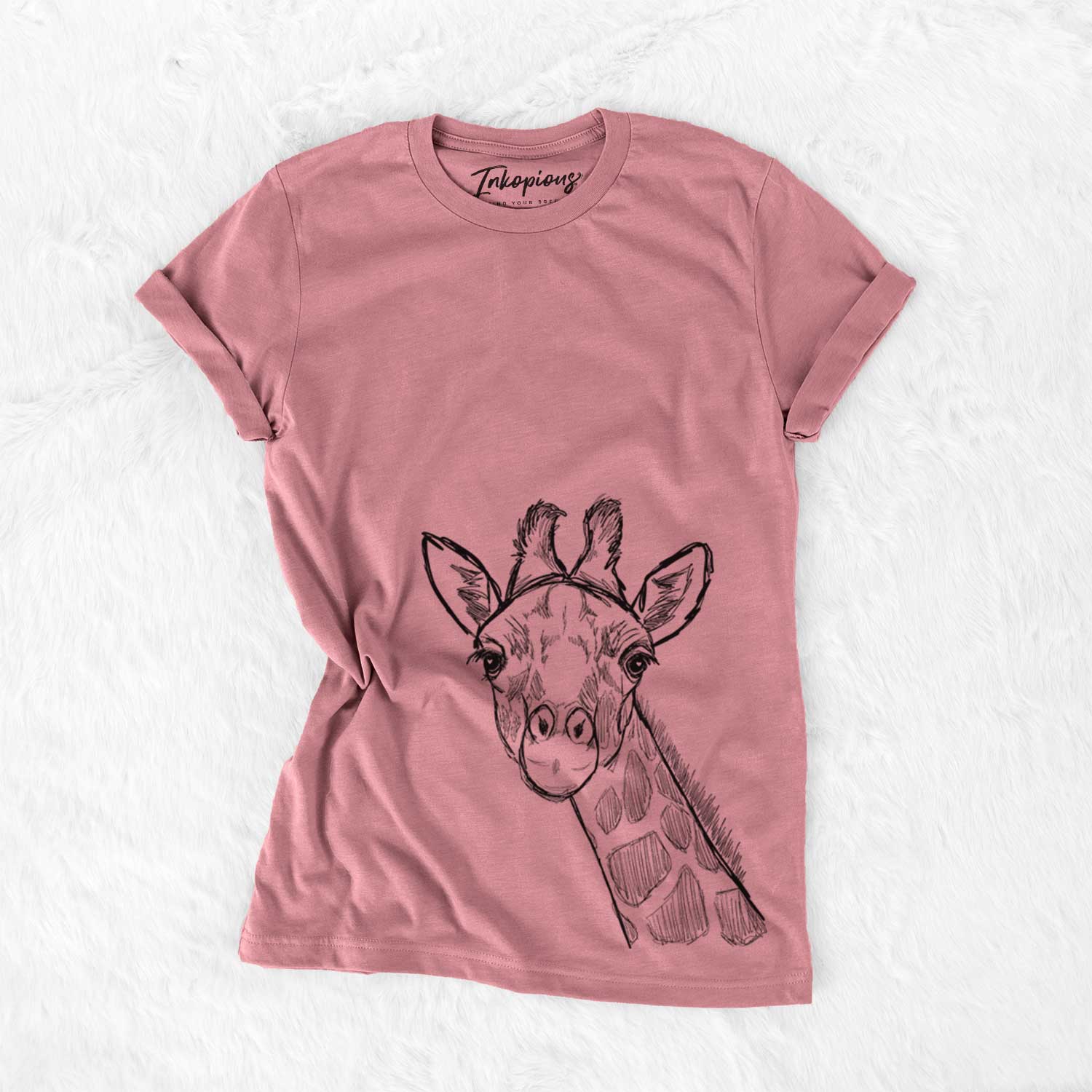 Hand-drawn sketch of Cedrick the Giraffe on a Mauve Unisex crewneck