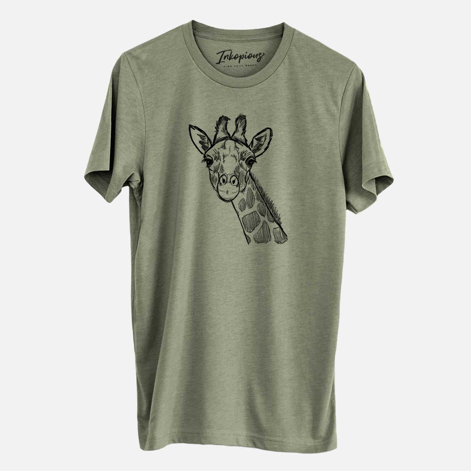 Hand-drawn sketch of Cedrick the Giraffe on an Olive Unisex crewneck