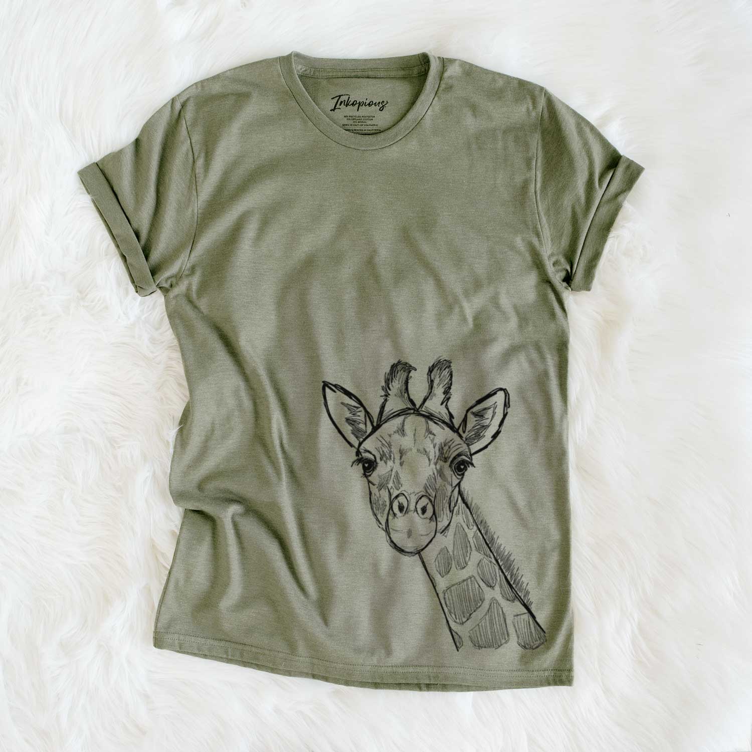 Hand-drawn sketch of Cedrick the Giraffe on an Olive Unisex crewneck
