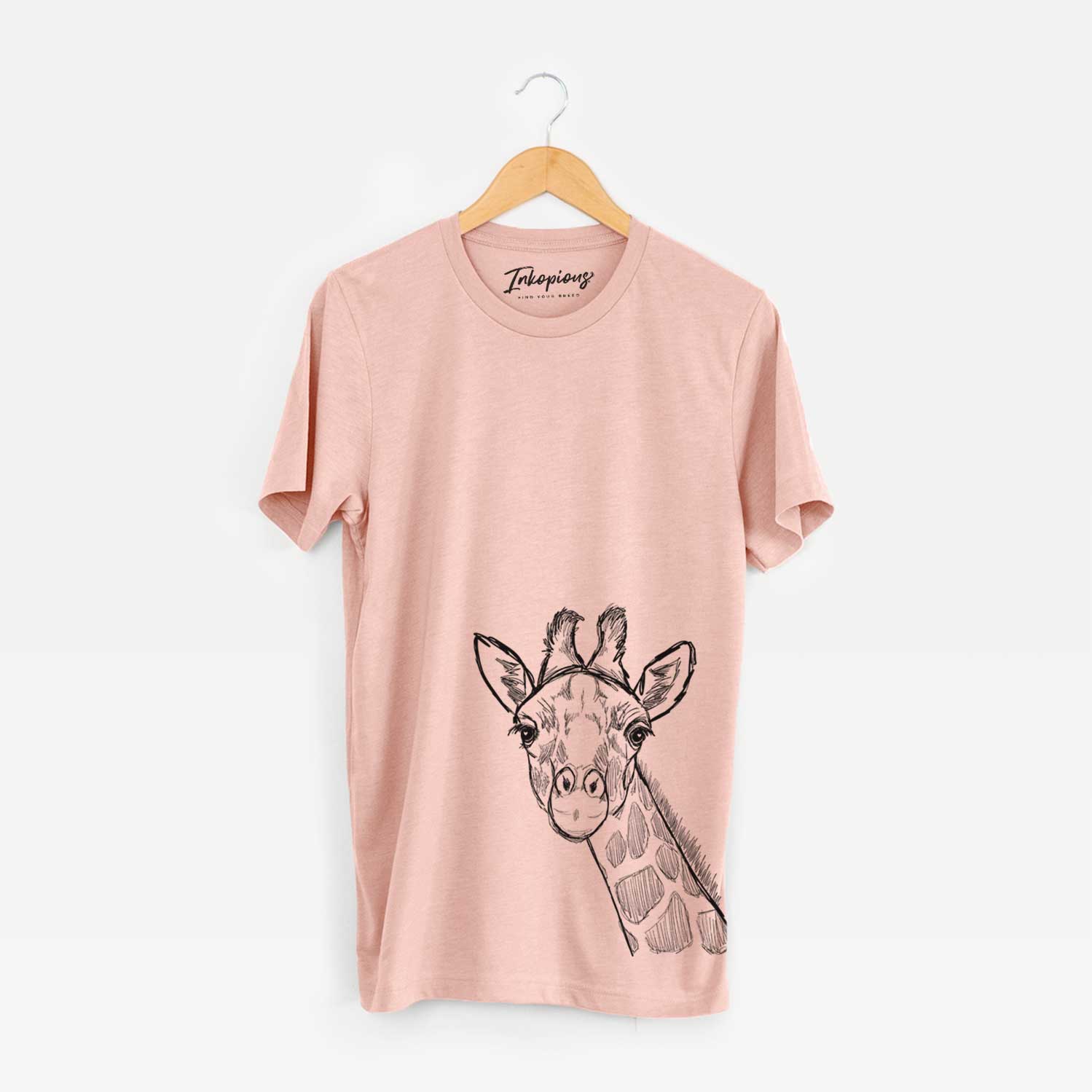 Hand-drawn sketch of Cedrick the Giraffe on a Peach Unisex crewneck