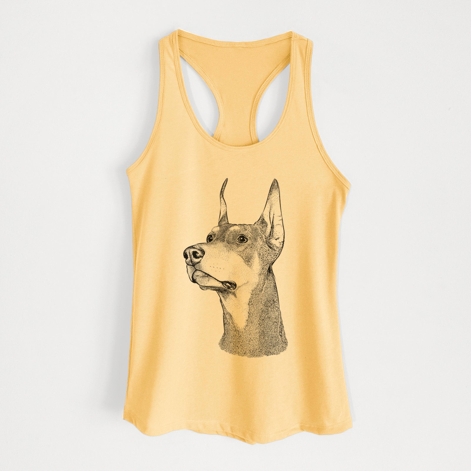 Hand-drawn sketch of Cenza the Doberman Pinscher on a Banana Cream Women's racerback tanktop