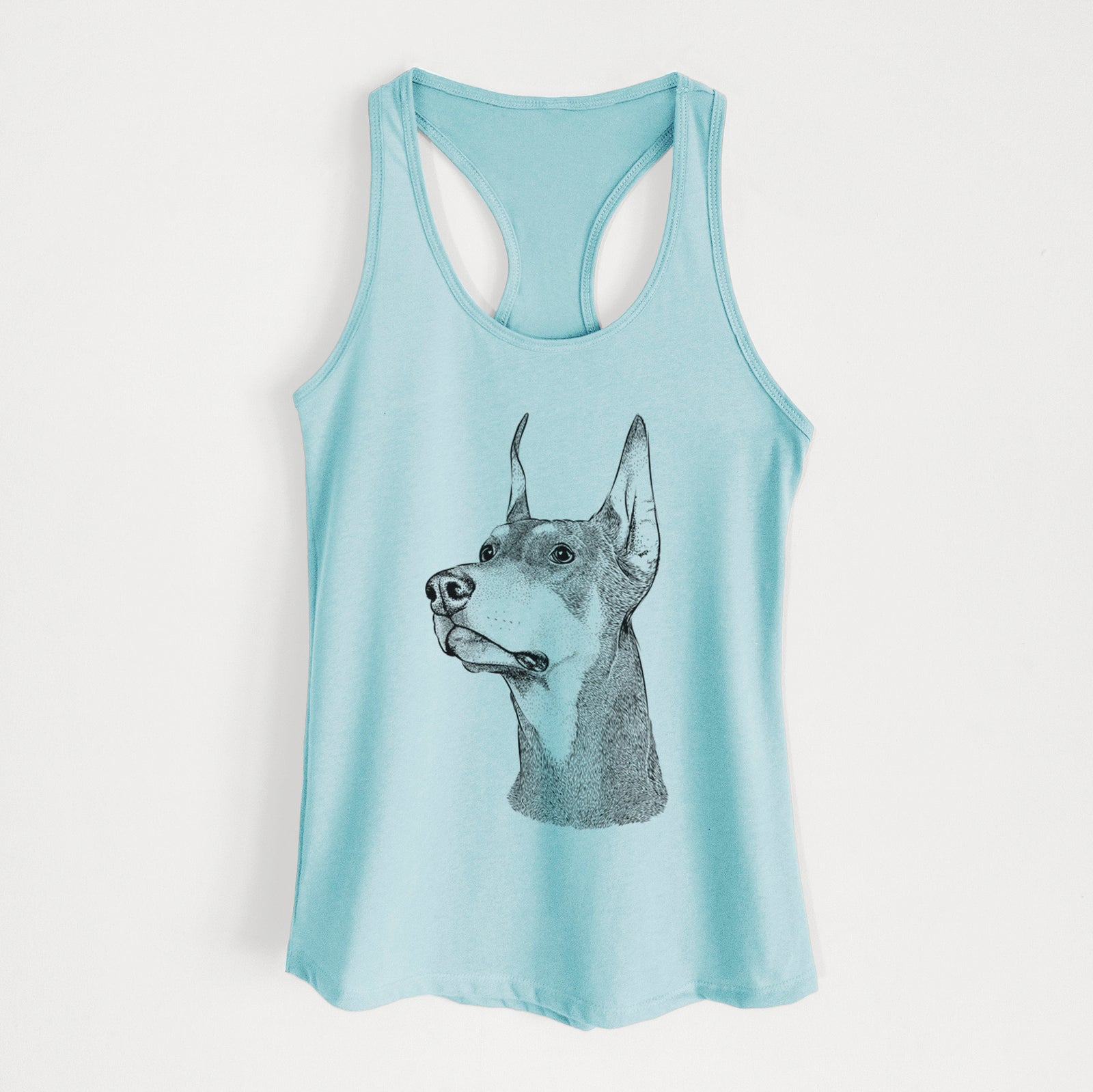 Hand-drawn sketch of Cenza the Doberman Pinscher on a Cancun Blue Women's racerback tanktop