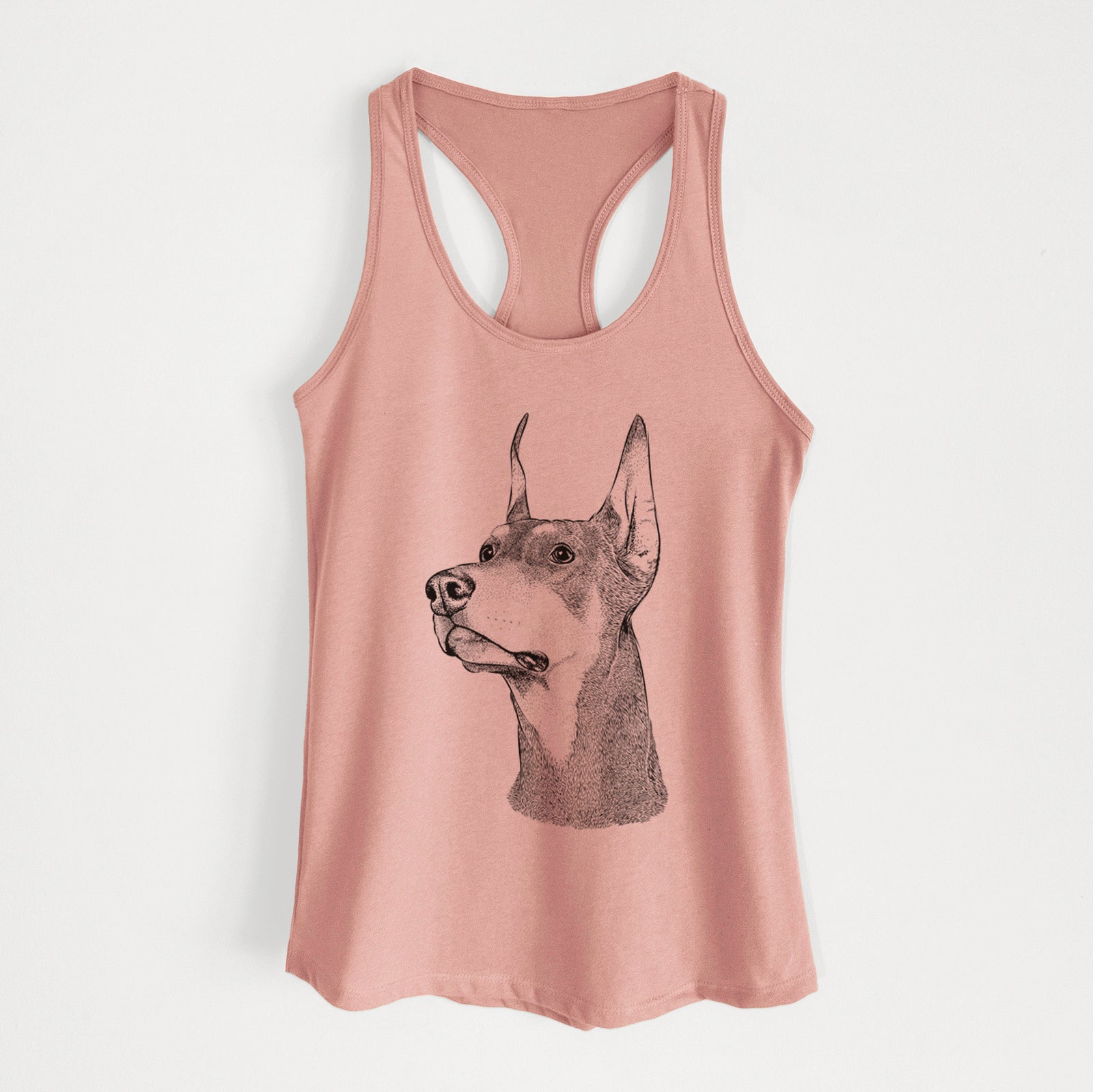 Hand-drawn sketch of Cenza the Doberman Pinscher on a Desert Pink Women's racerback tanktop