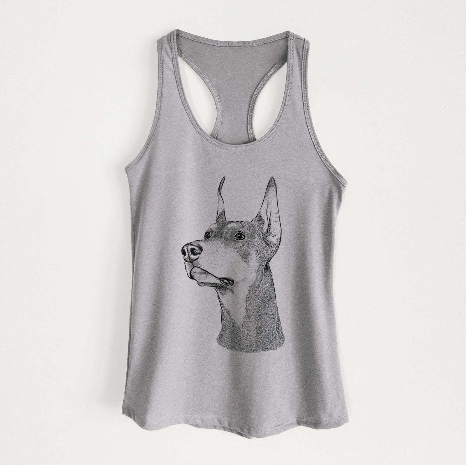 Hand-drawn sketch of Cenza the Doberman Pinscher on a Heather Grey Women's racerback tanktop
