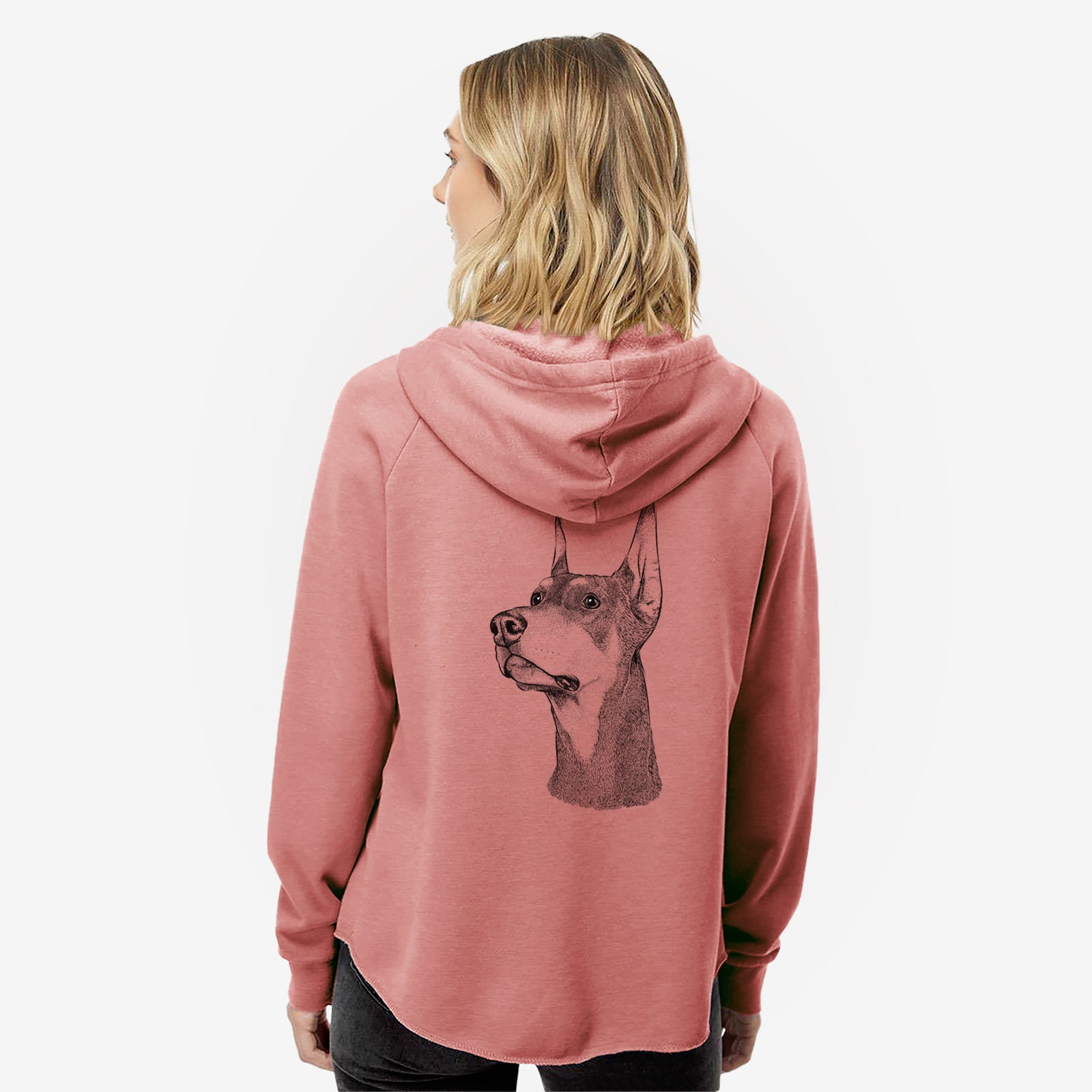 Hand-drawn sketch of Cenza the Doberman Pinscher on a Dusty Rose Women's cali wave zip-up sweatshirt