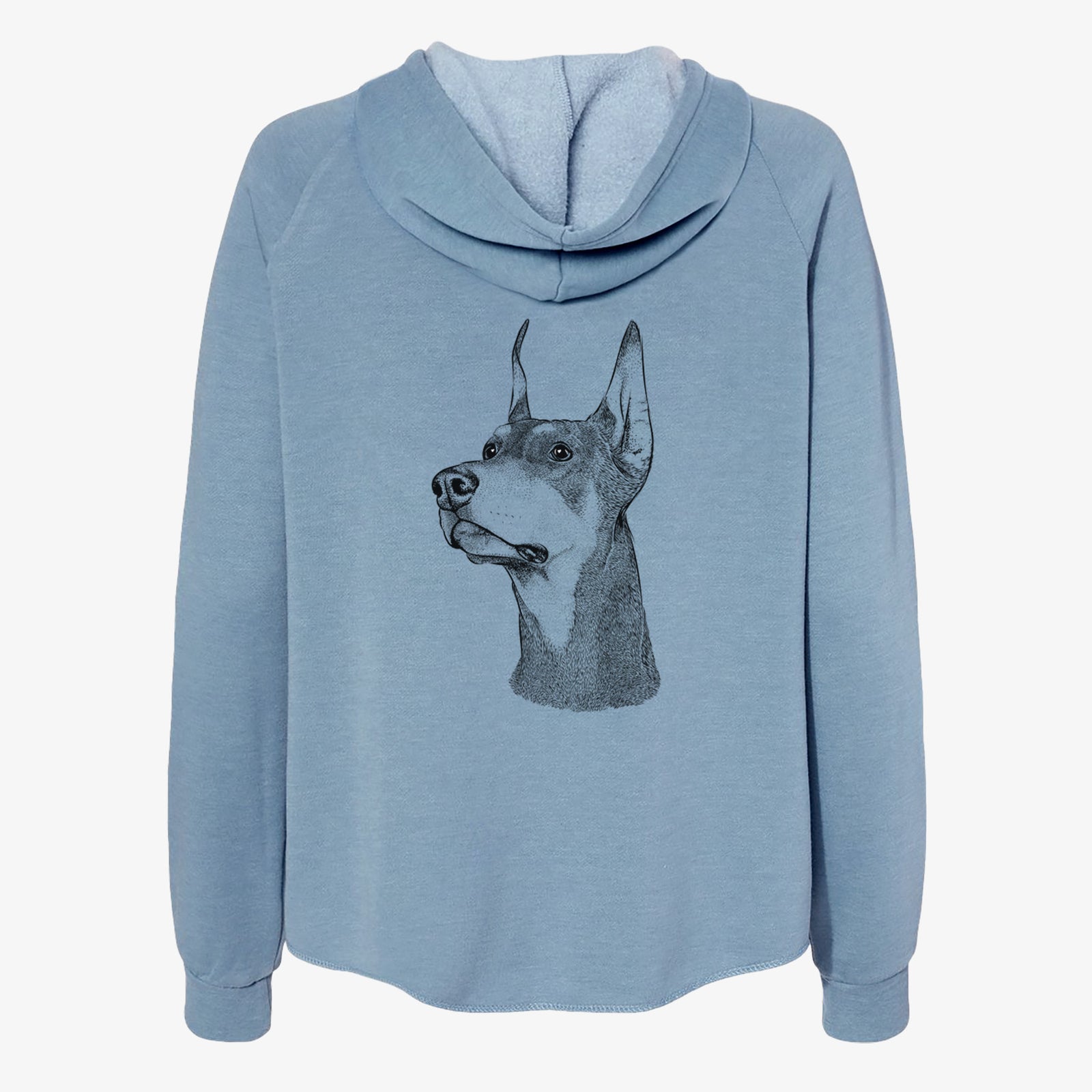 Hand-drawn sketch of Cenza the Doberman Pinscher on a Misty Blue Women's cali wave zip-up sweatshirt