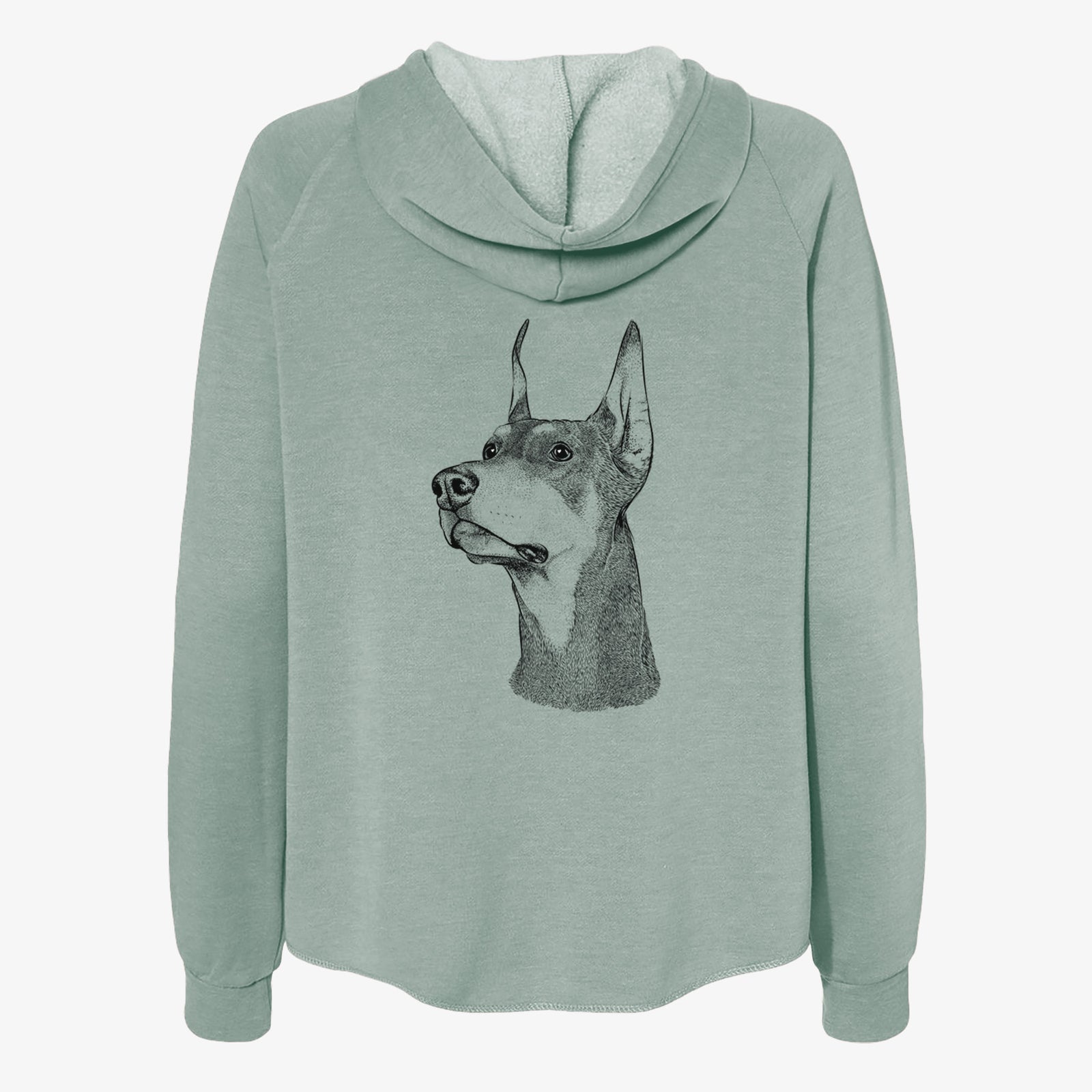 Hand-drawn sketch of Cenza the Doberman Pinscher on a Sage Women's cali wave zip-up sweatshirt