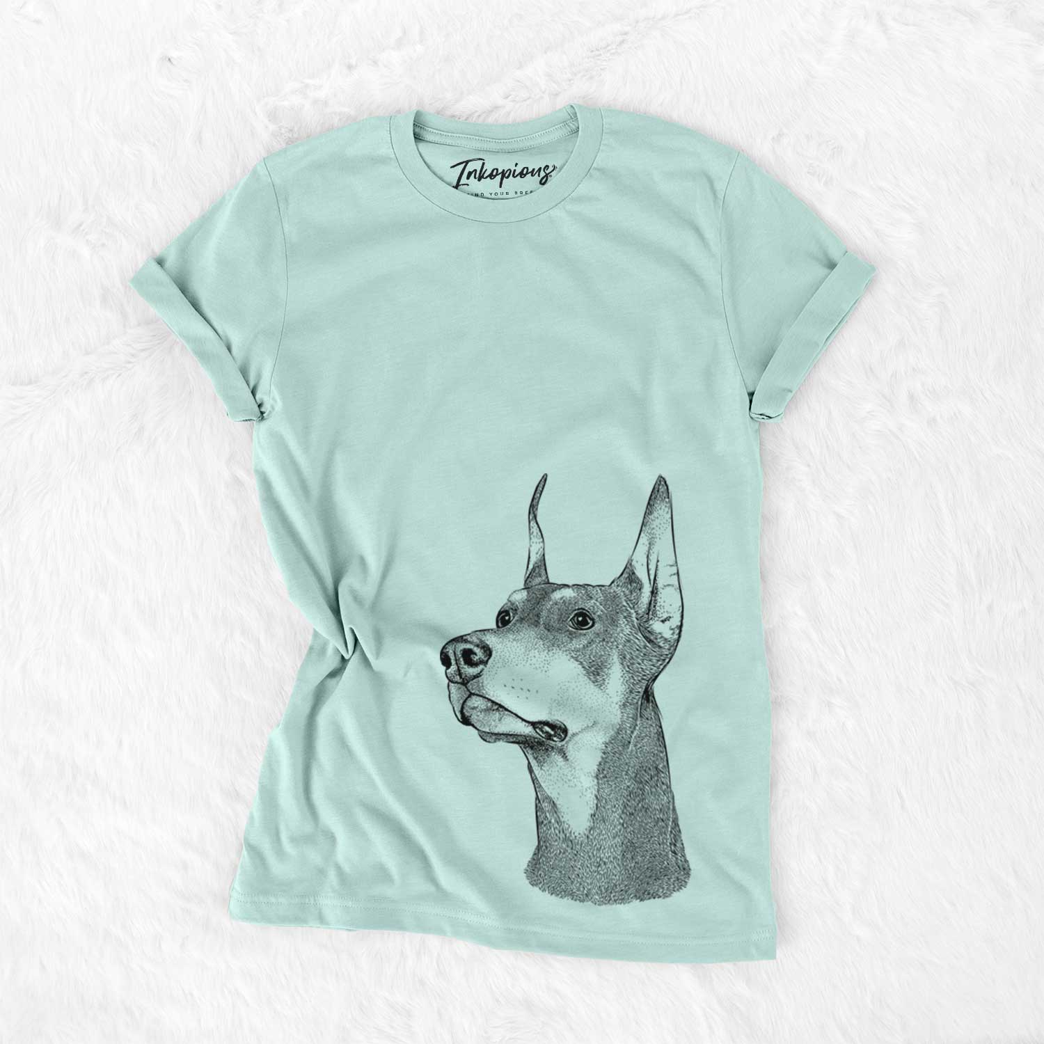 Hand-drawn sketch of Cenza the Doberman Pinscher on a Heather Sage Bella Canvas Unisex Crewneck