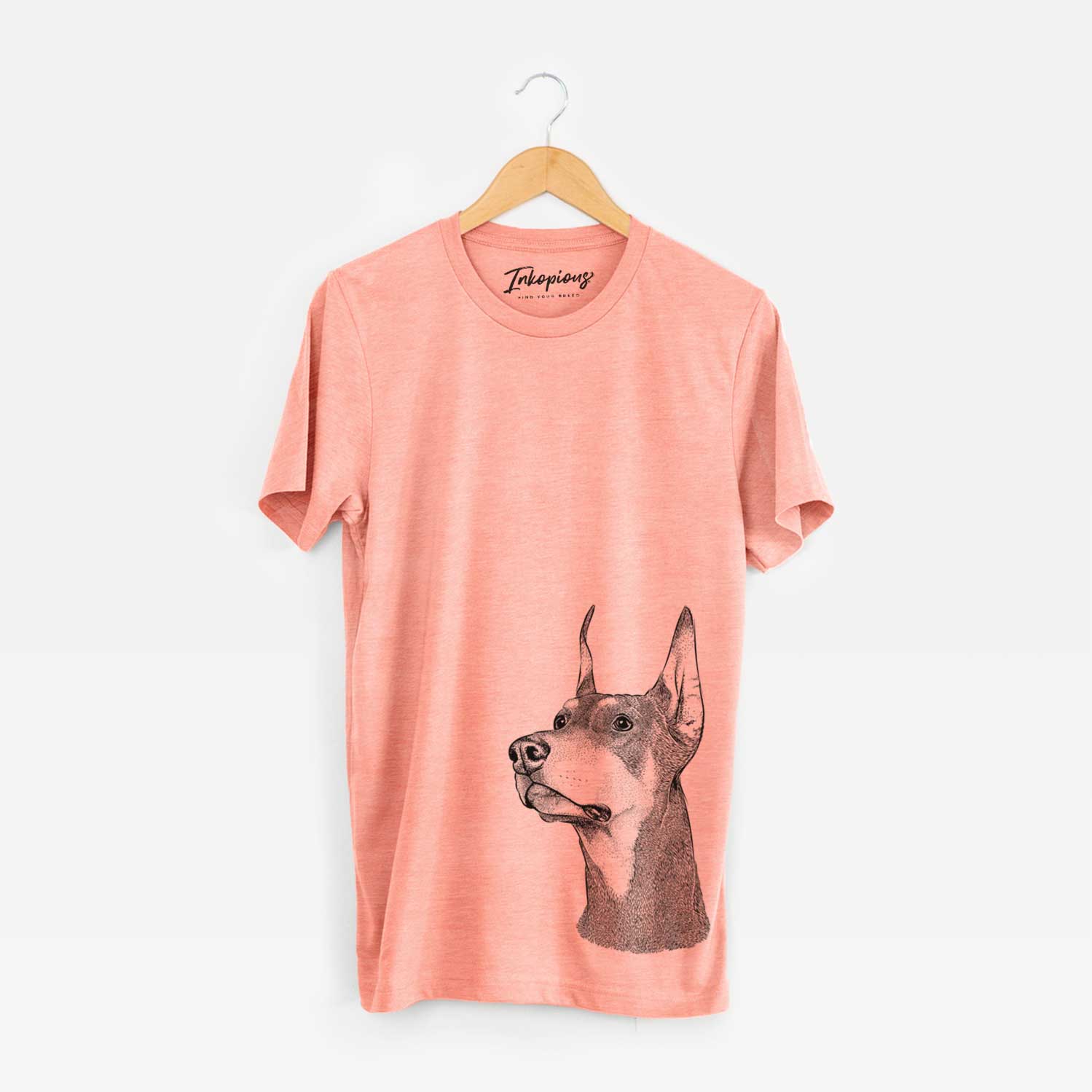 Hand-drawn sketch of Cenza the Doberman Pinscher on a Sunset Bella Canvas Unisex Crewneck