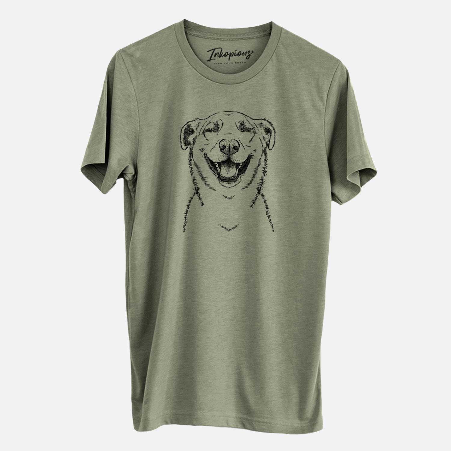Hand-drawn sketch of Chancellor the Mixed Breed on an Olive Unisex crewneck