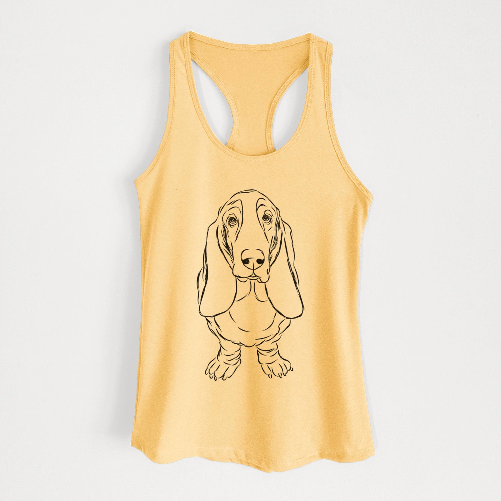 Hand-drawn sketch of Charlie the Basset Hound on a Banana Cream Women's racerback tanktop