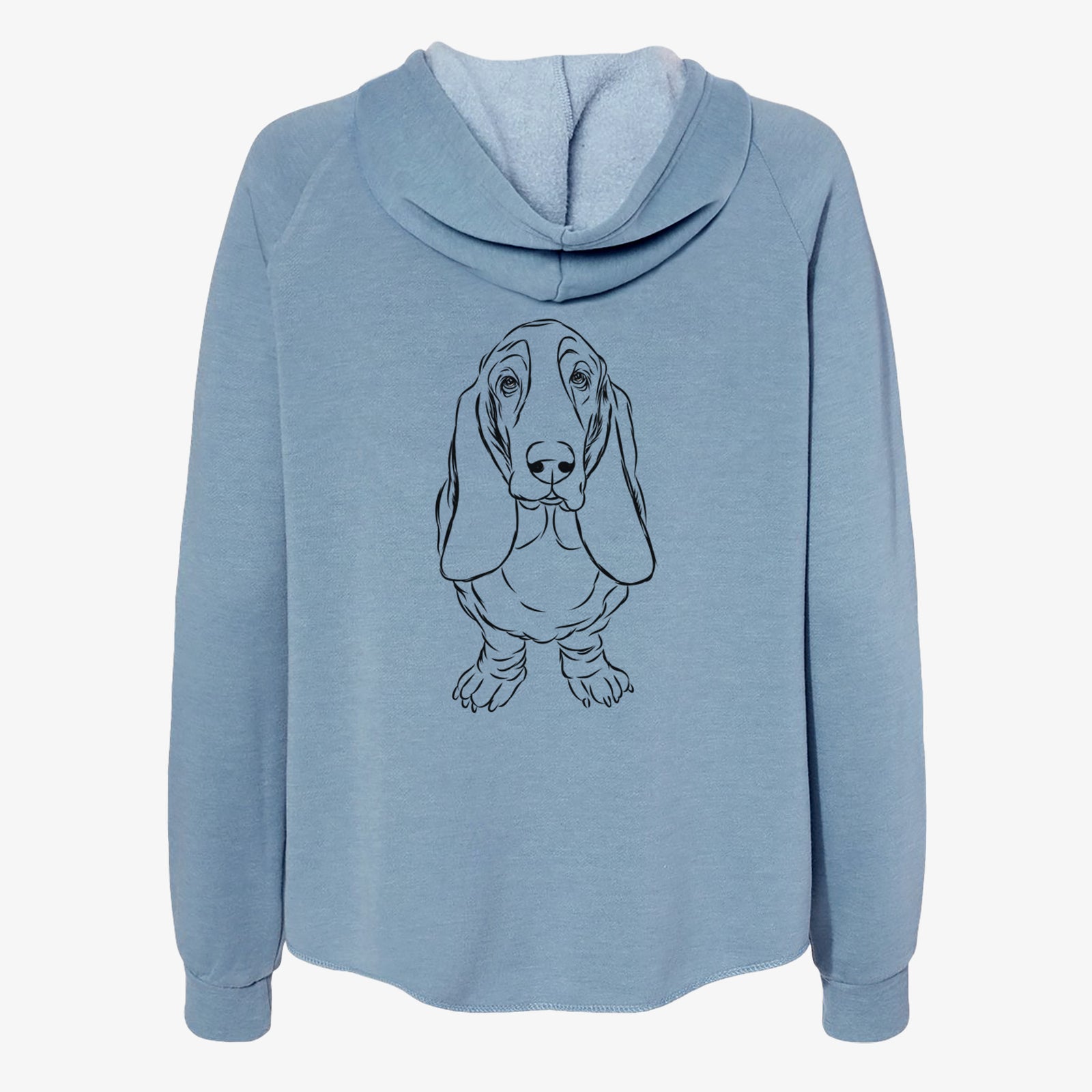Hand-drawn sketch of Charlie the Basset Hound on a Misty Blue Women's cali wave zip-up sweatshirt