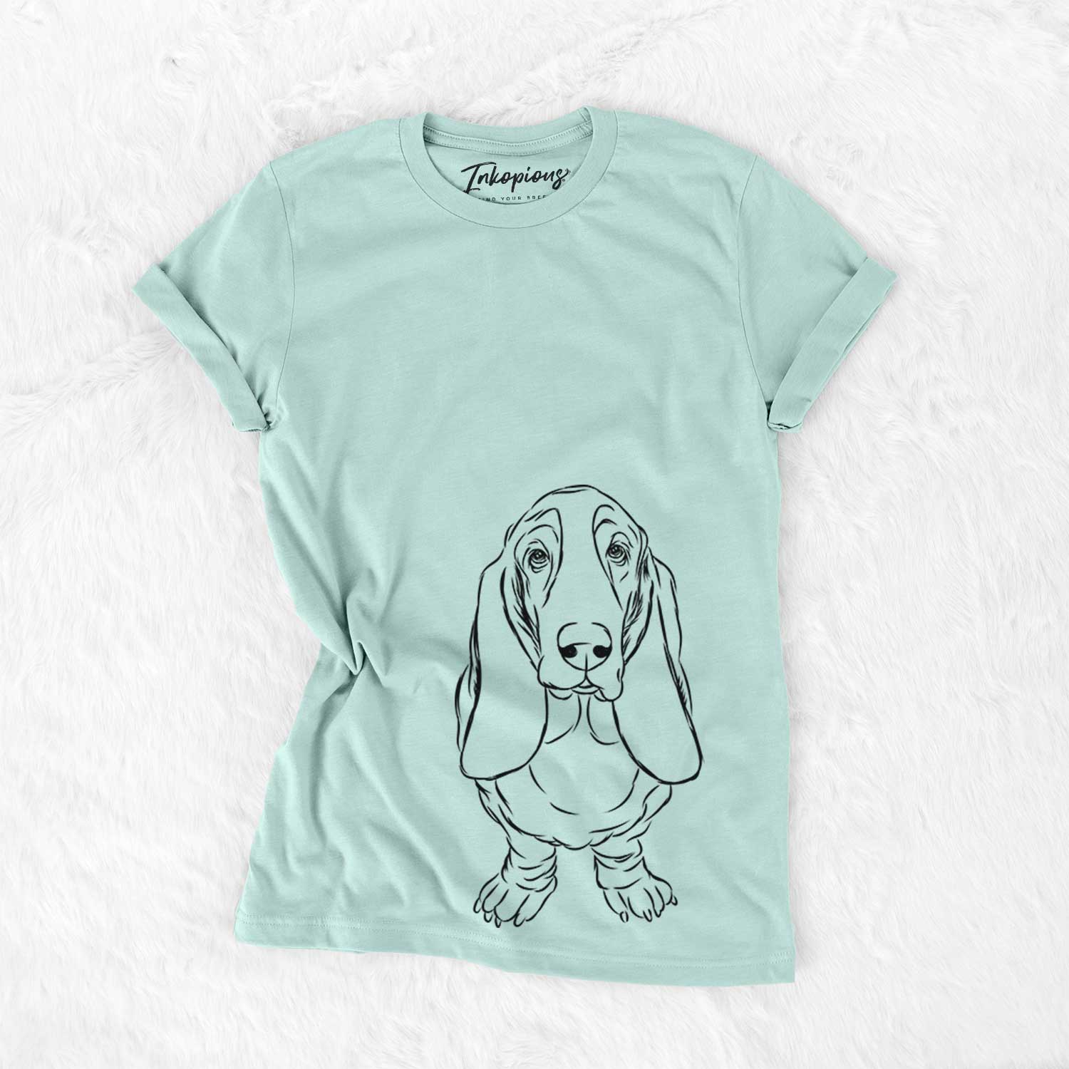 Hand-drawn sketch of Charlie the Basset Hound on a Heather Sage Bella Canvas Unisex Crewneck