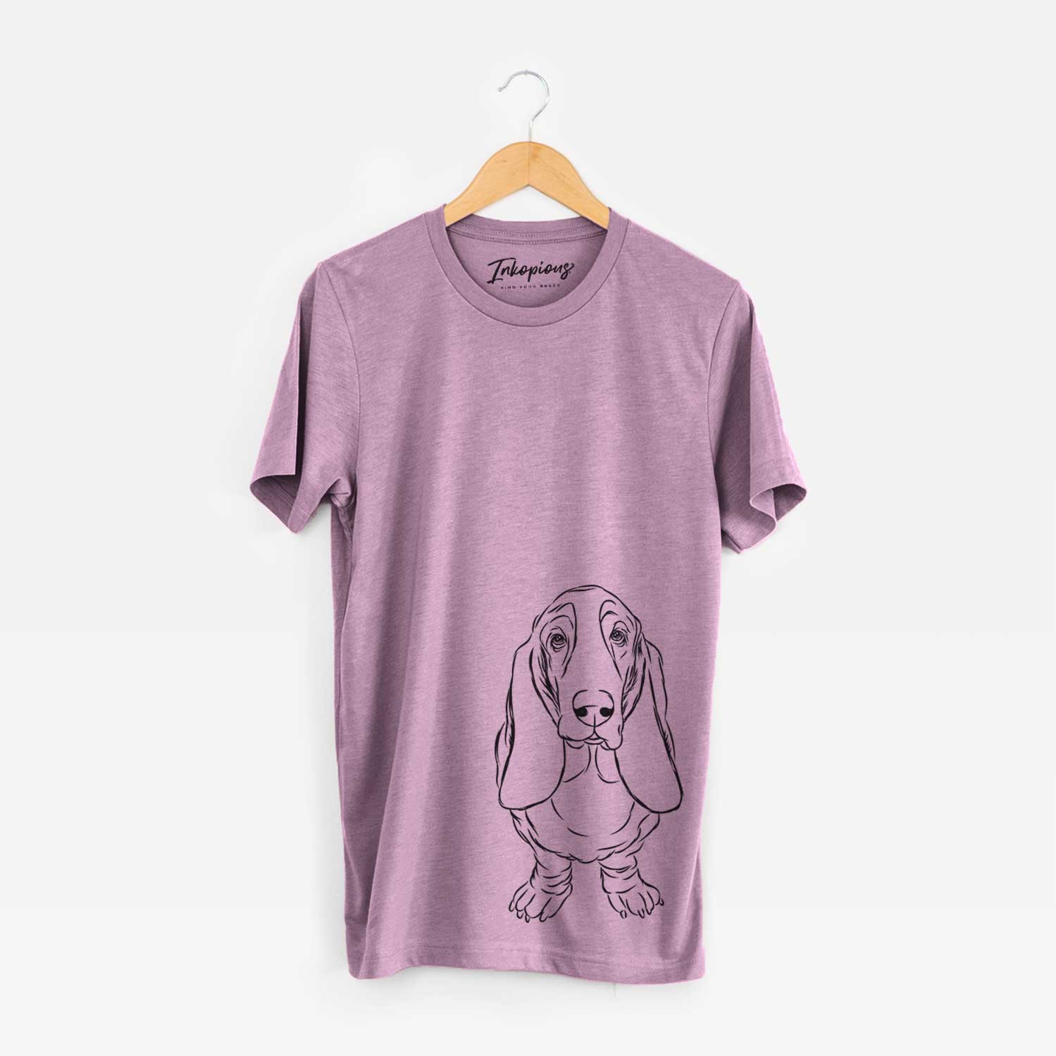 Hand-drawn sketch of Charlie the Basset Hound on an Orchid Bella Canvas Unisex Crewneck
