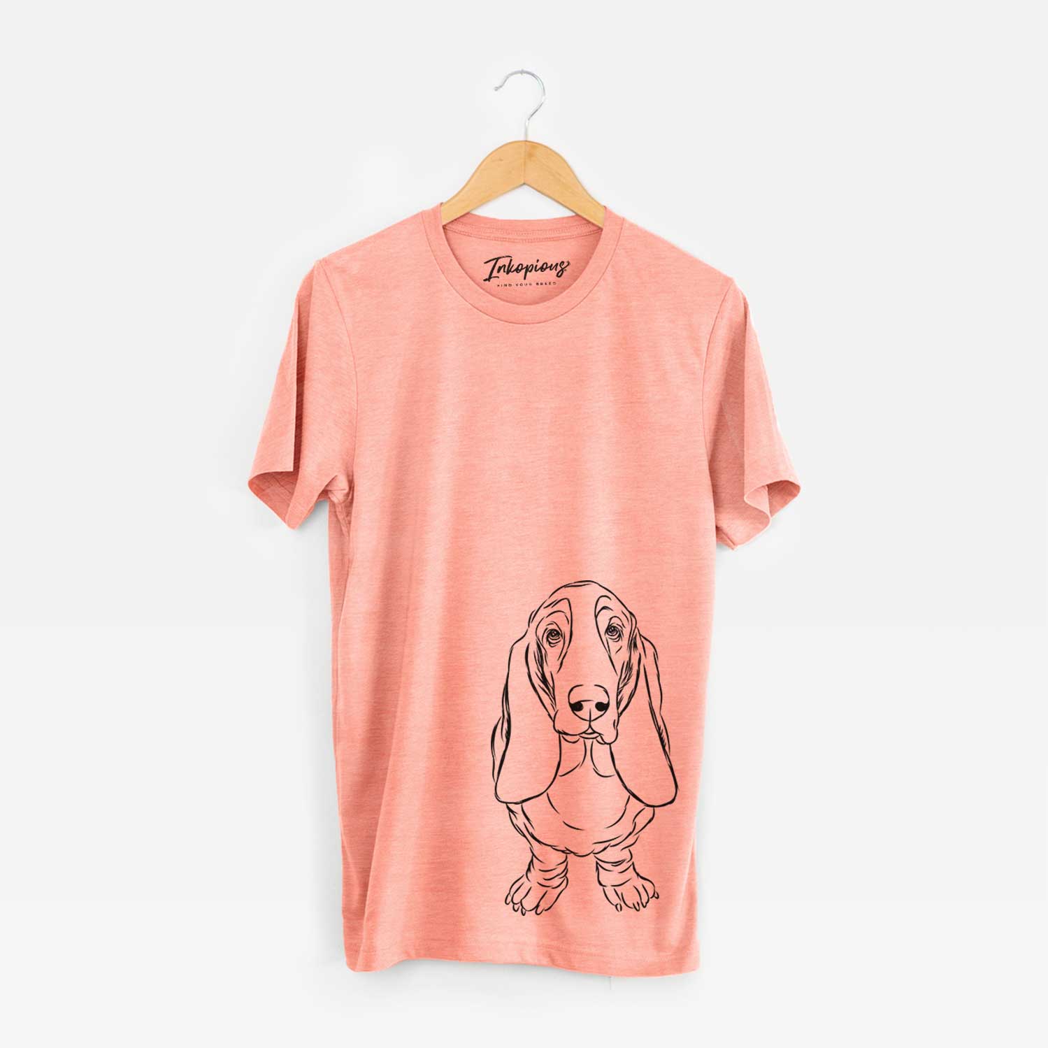 Hand-drawn sketch of Charlie the Basset Hound on a Sunset Bella Canvas Unisex Crewneck