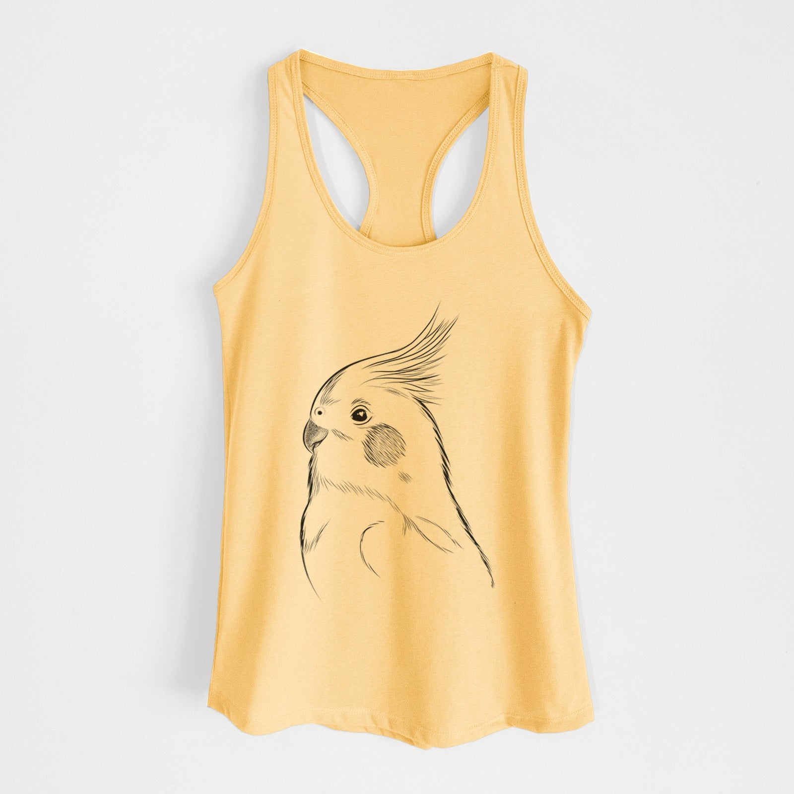 Hand-drawn sketch of Charlie the Cockatiel on a Banana Cream Women's racerback tanktop