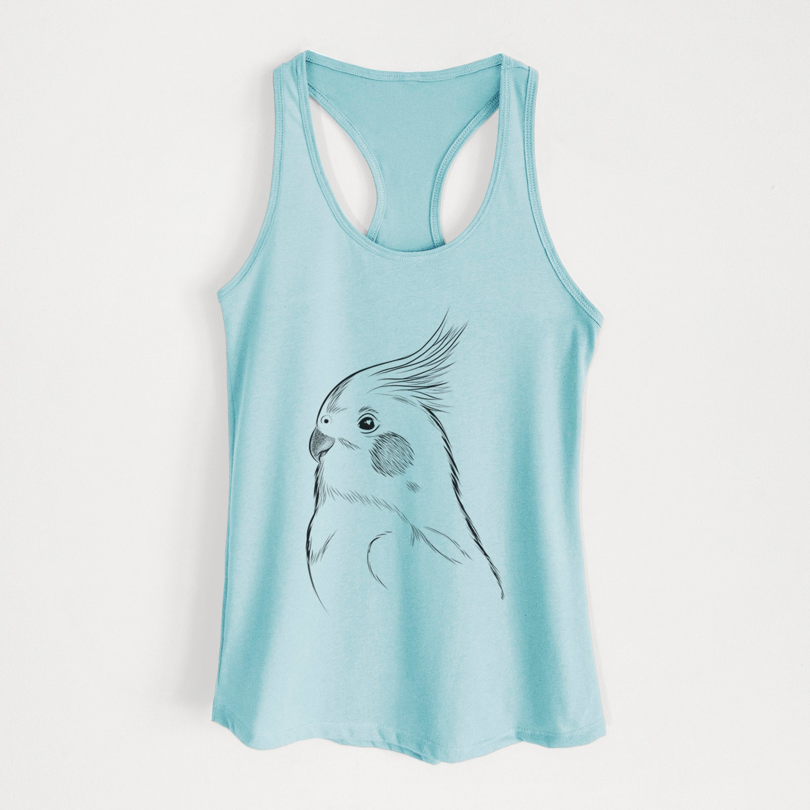 Hand-drawn sketch of Charlie the Cockatiel on a Cancun Blue Women's racerback tanktop