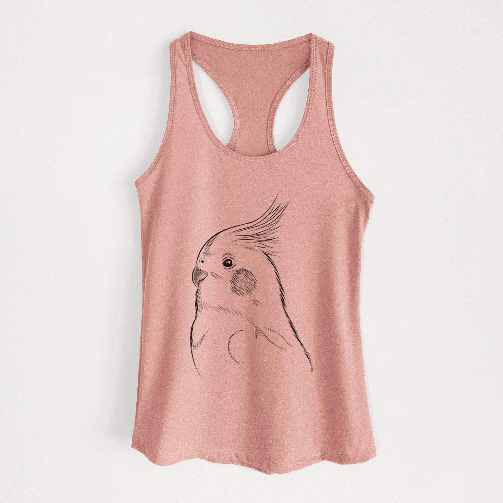 Hand-drawn sketch of Charlie the Cockatiel on a Desert Pink Women's racerback tanktop