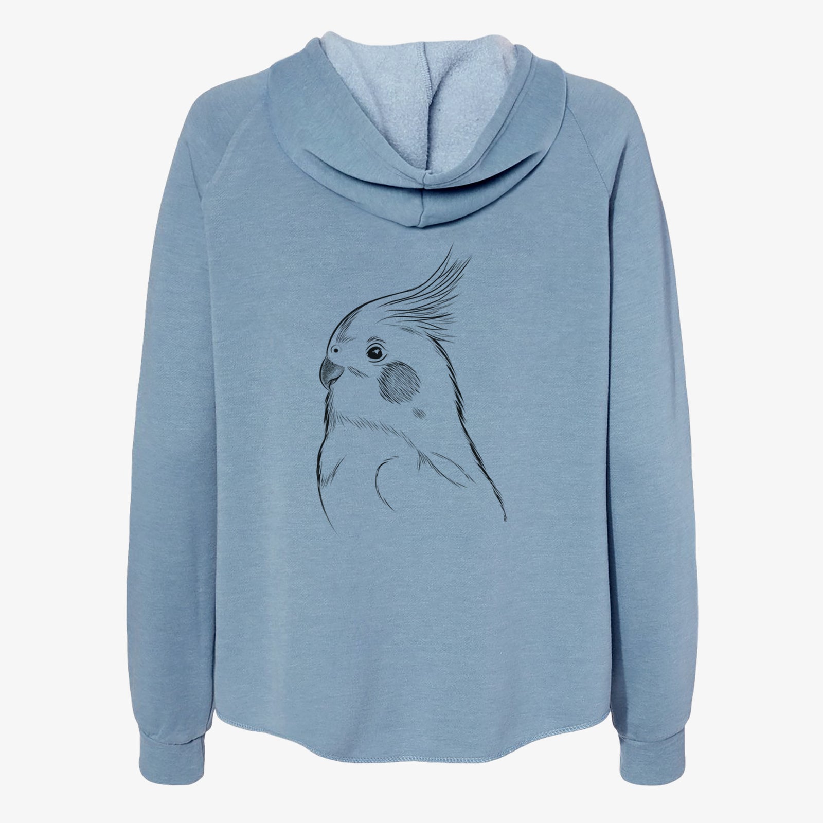 Hand-drawn sketch of Charlie the Cockatiel on a Misty Blue Women's cali wave zip-up sweatshirt