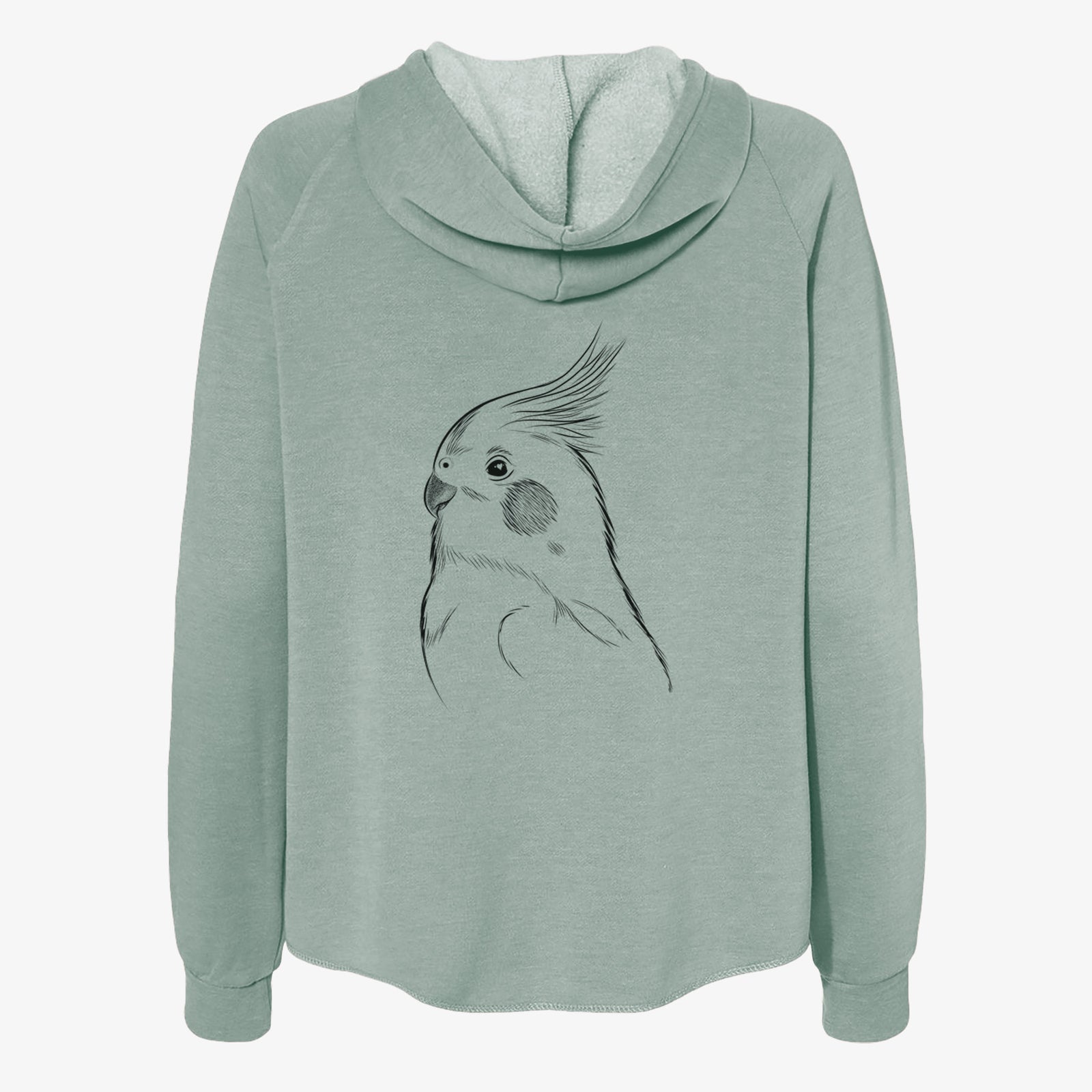 Hand-drawn sketch of Charlie the Cockatiel on a Sage Women's cali wave zip-up sweatshirt