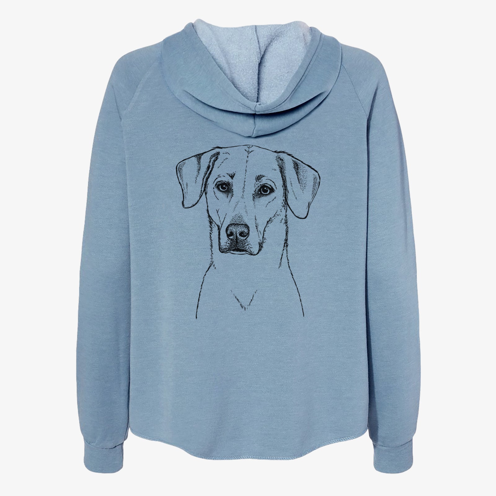 Hand-drawn sketch of Charlie Girl the Yellow Lab on a Misty Blue Women's cali wave zip-up sweatshirt