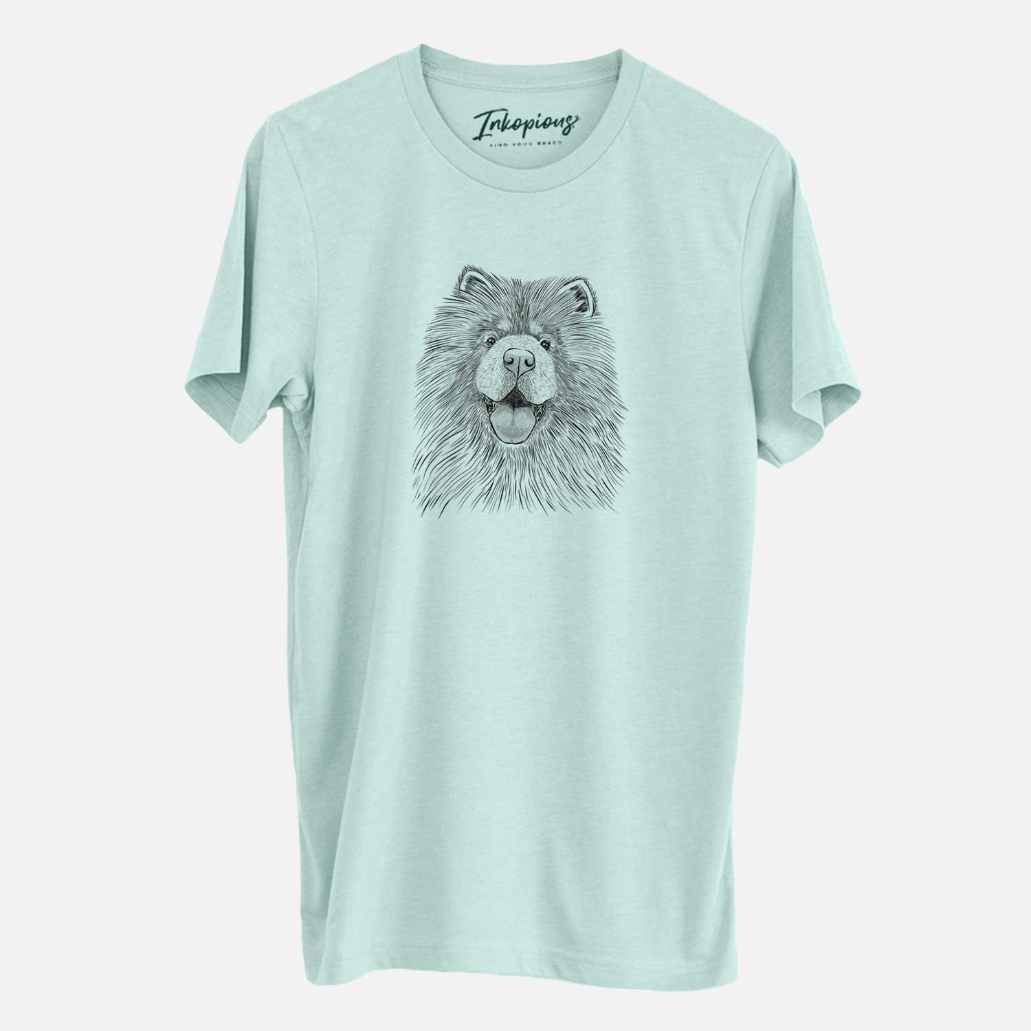 Hand-drawn sketch of Charming Charlie the Chow Chow on a Heather Sage Unisex crewneck