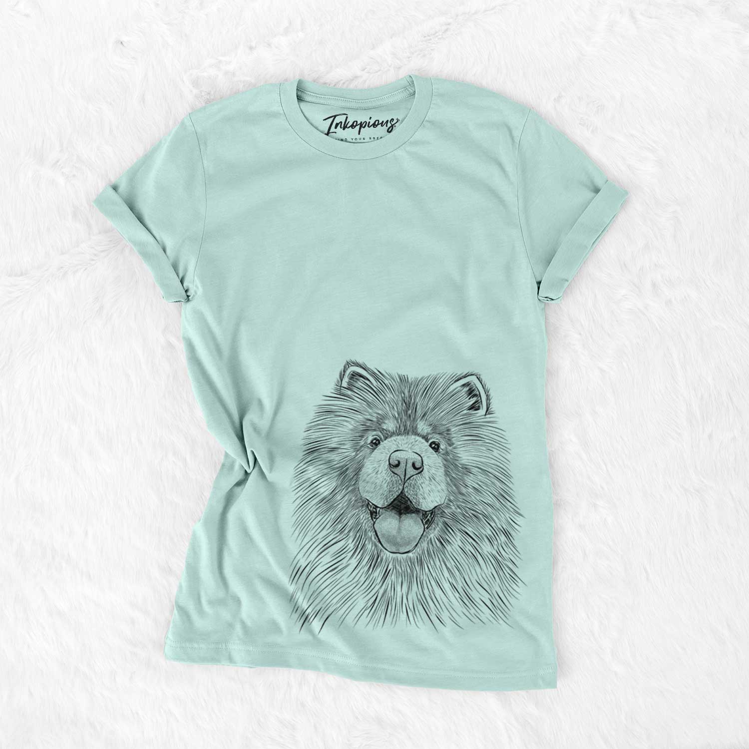 Hand-drawn sketch of Charming Charlie the Chow Chow on a Heather Sage Unisex crewneck