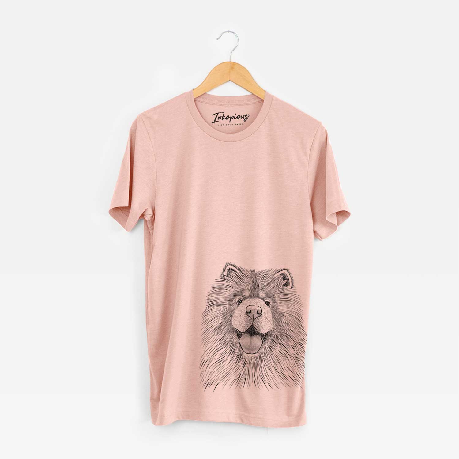 Hand-drawn sketch of Charming Charlie the Chow Chow on a Peach Unisex crewneck